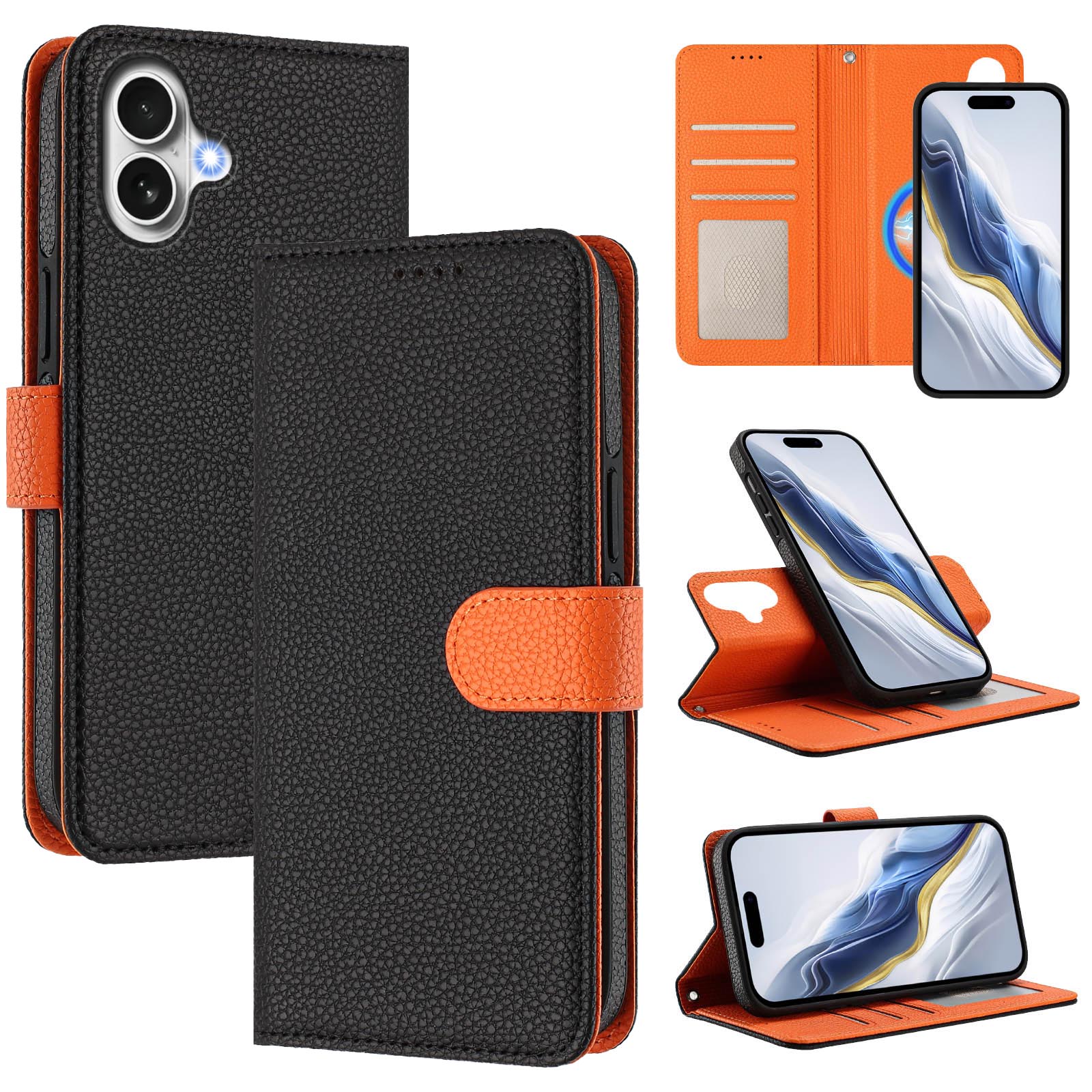 For iPhone 17 Leather Case Detachable Wallet Magnetic Phone Cover with Hand Strap - Black / Orange