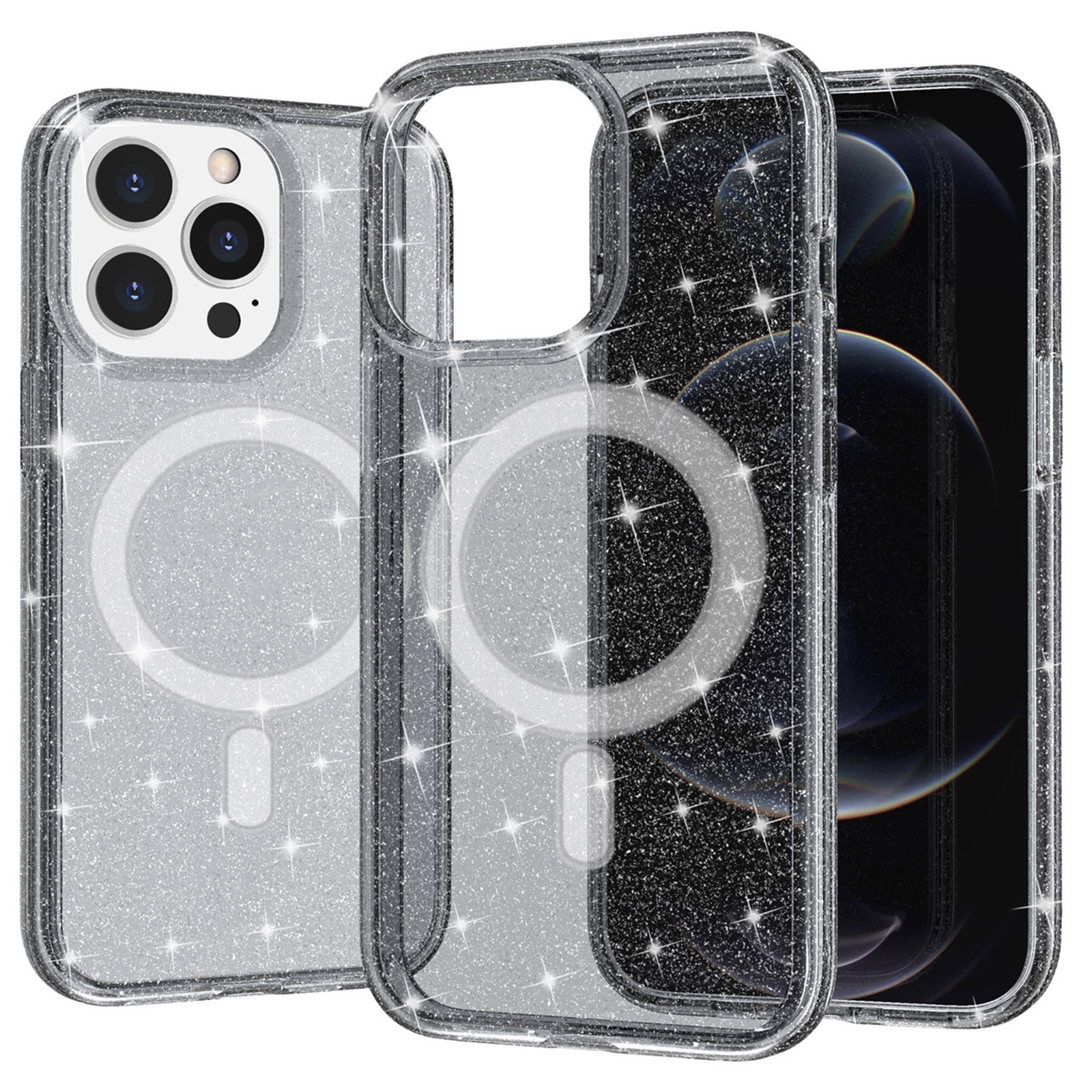 AMORUS For iPhone 12 Pro Max Magnetic Case Compatible with MagSafe Glitter Powder PC + TPU Phone Cover - Black
