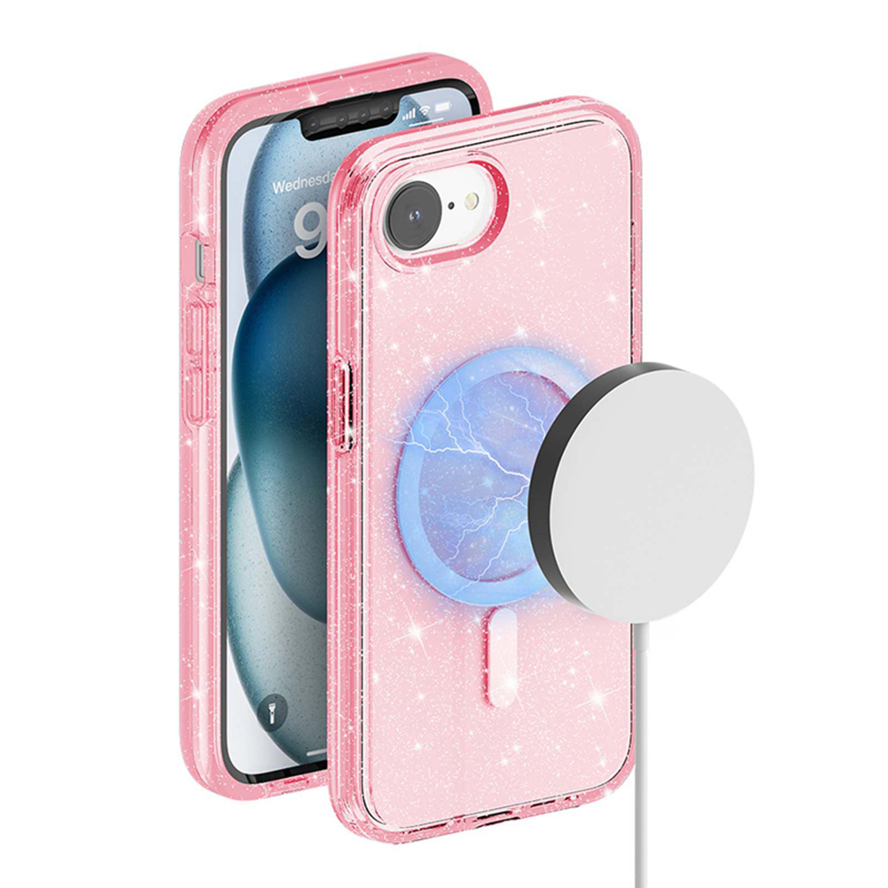 AMORUS For iPhone 17e / 16e Magnetic Case Compatible with MagSafe Glitter Powder PC + TPU Phone Cover - Pink
