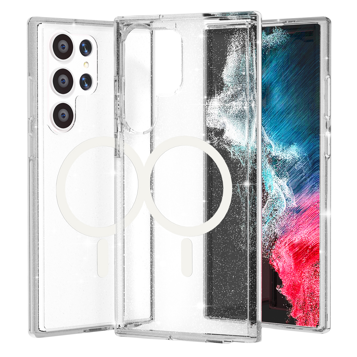 AMORUS For Samsung Galaxy S24 Ultra Magnetic Case Glitter Powder PC + TPU Phone Cover - White