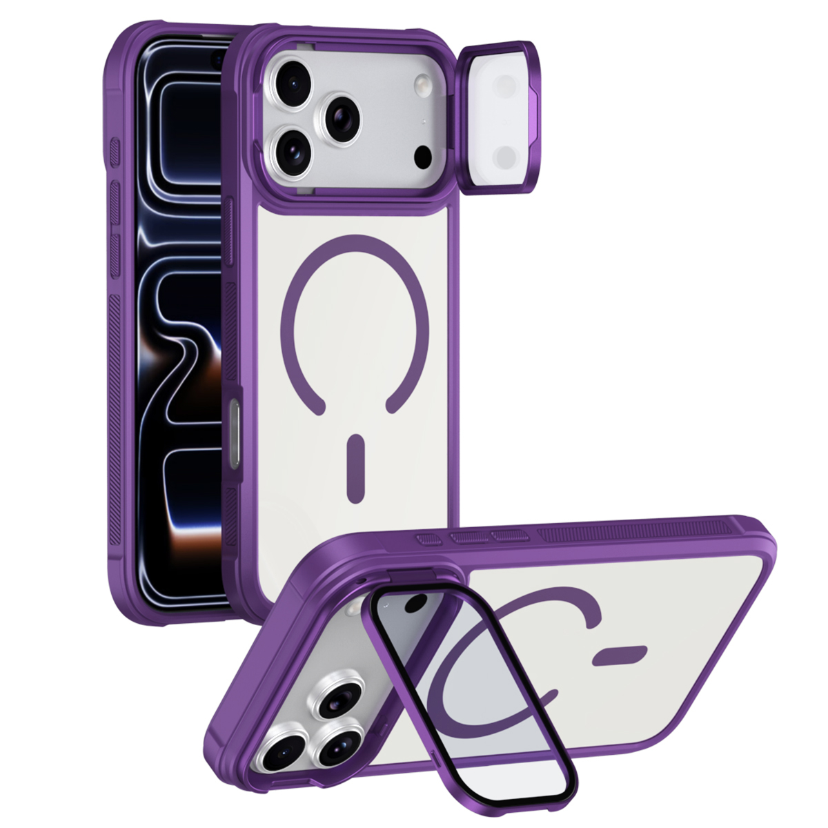 For iPhone 17 Pro Magnetic Case Compatible with MagSafe Clear Back Cover with Lens Cover Kickstand  - Purple