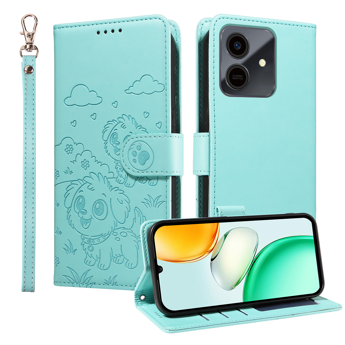For Honor Play10 4G Case RFID Blocking Imprinted Dog Pattern PU Leather Phone Cover with Wrist Strap - Green