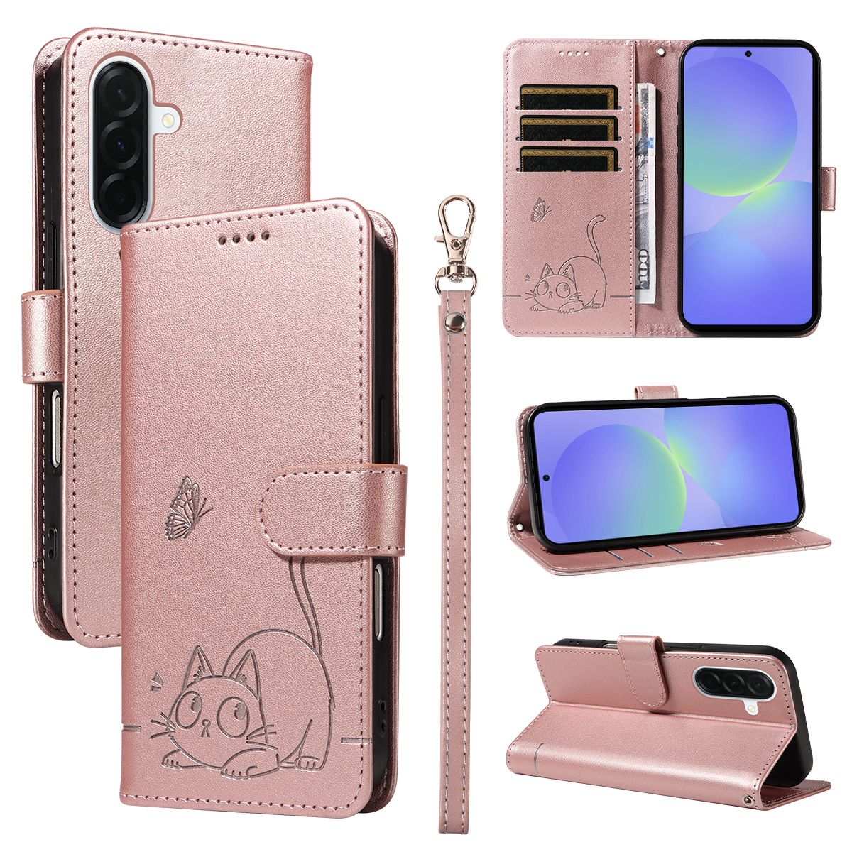 For Samsung Galaxy A37 5G Case Cat Pattern Imprint Leather Phone Cover with Wrist Strap - Rose Gold