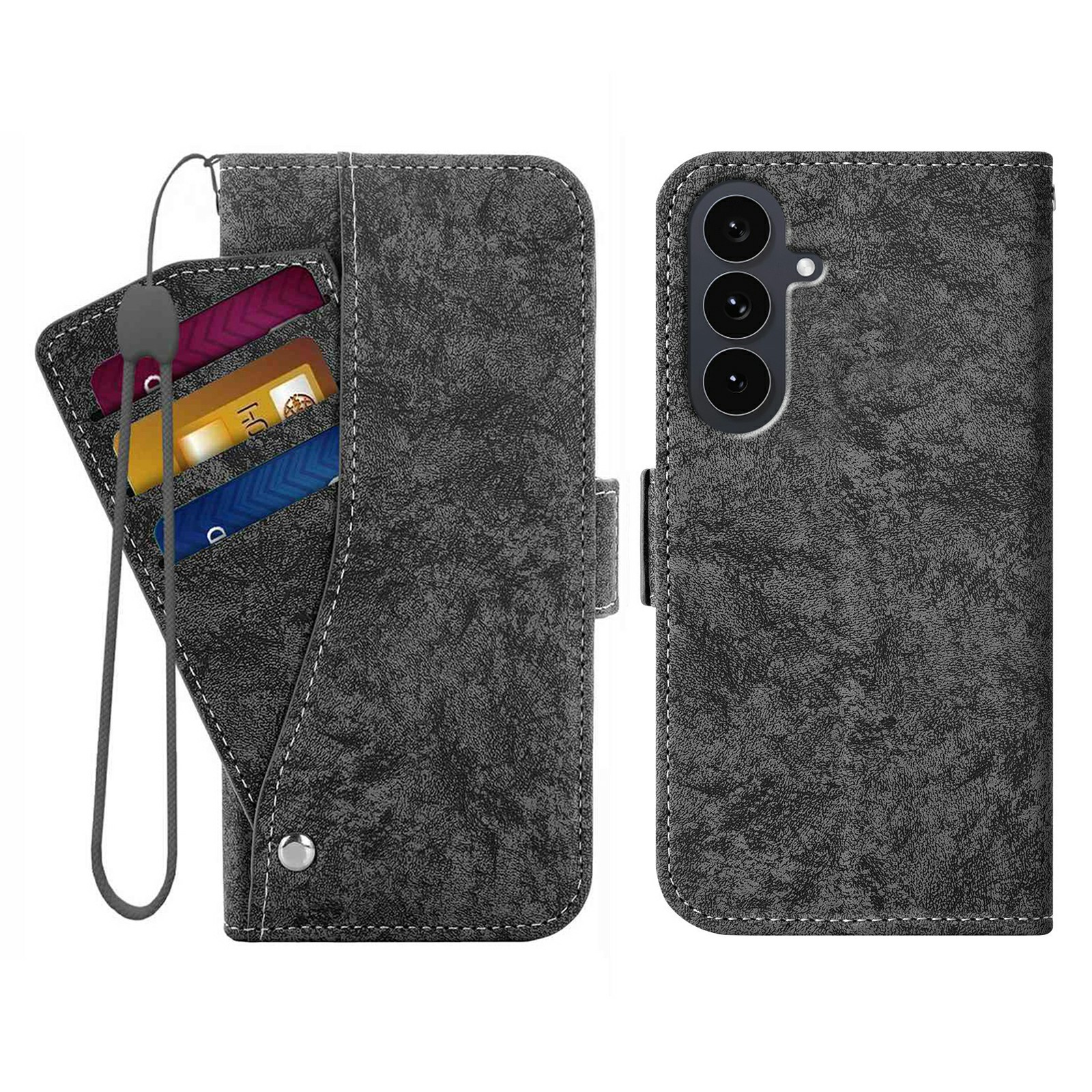 For Samsung Galaxy S26+ Case Water-ink Painting Wallet PU Leathe Phone Cover with Rotating Card Slots - Black