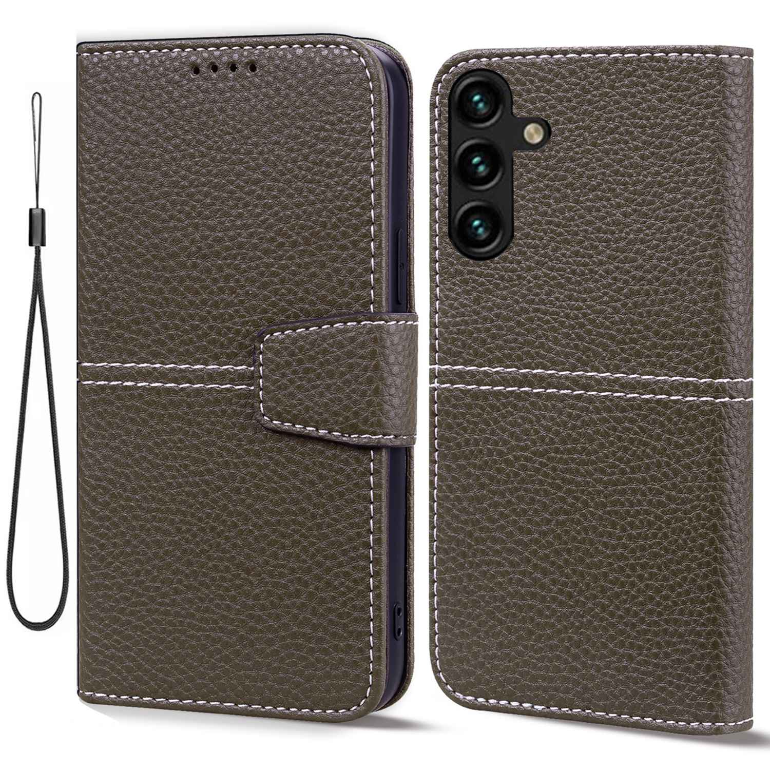 

For Samsung Galaxy A14 5G Business Style Well-protected Litchi Texture PU Leather Wallet Cover Flip Phone Case Stand with Strap - Khaki, Galaxy A14 5G