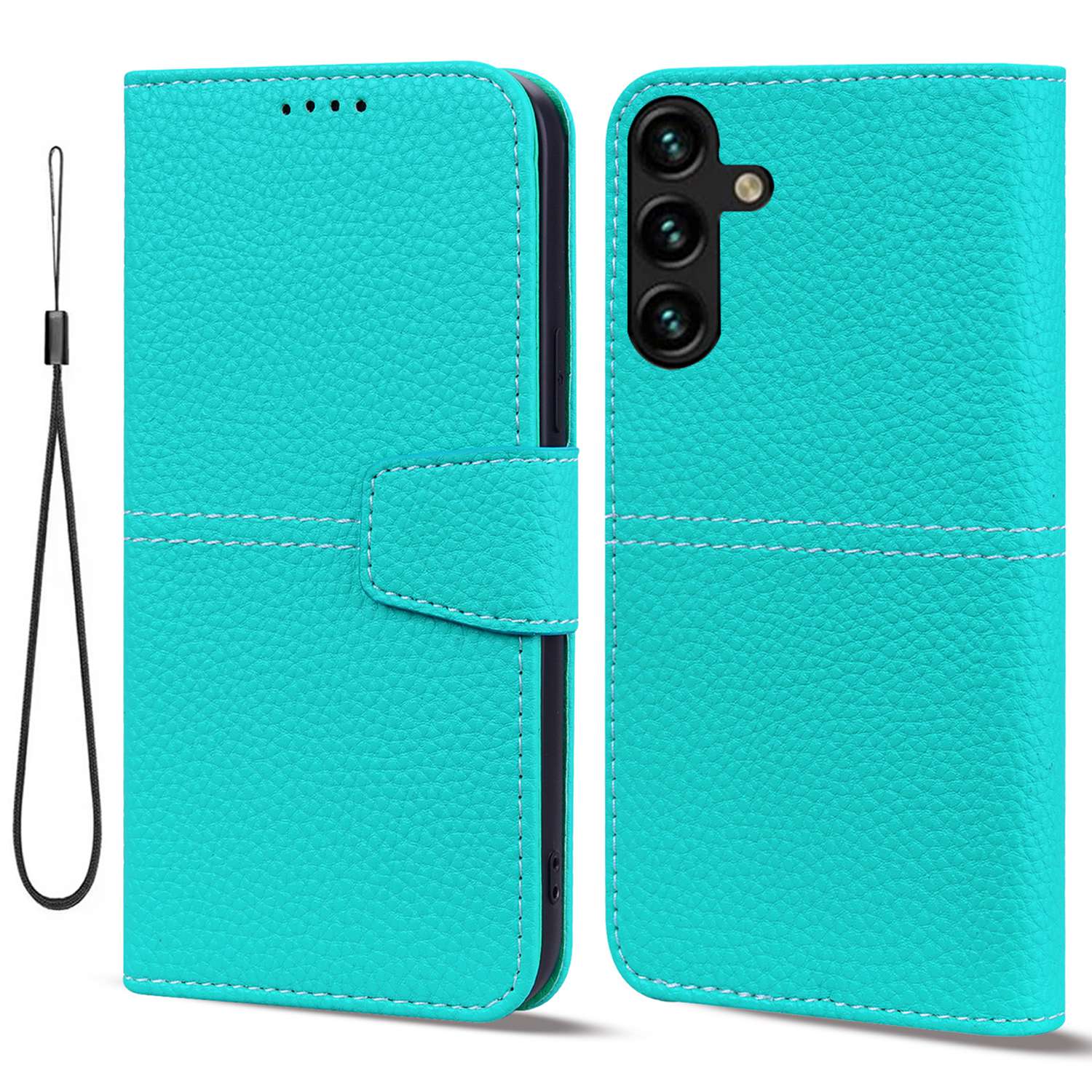 

For Samsung Galaxy A14 5G Business Style Well-protected Litchi Texture PU Leather Wallet Cover Flip Phone Case Stand with Strap - Blue, Galaxy A14 5G