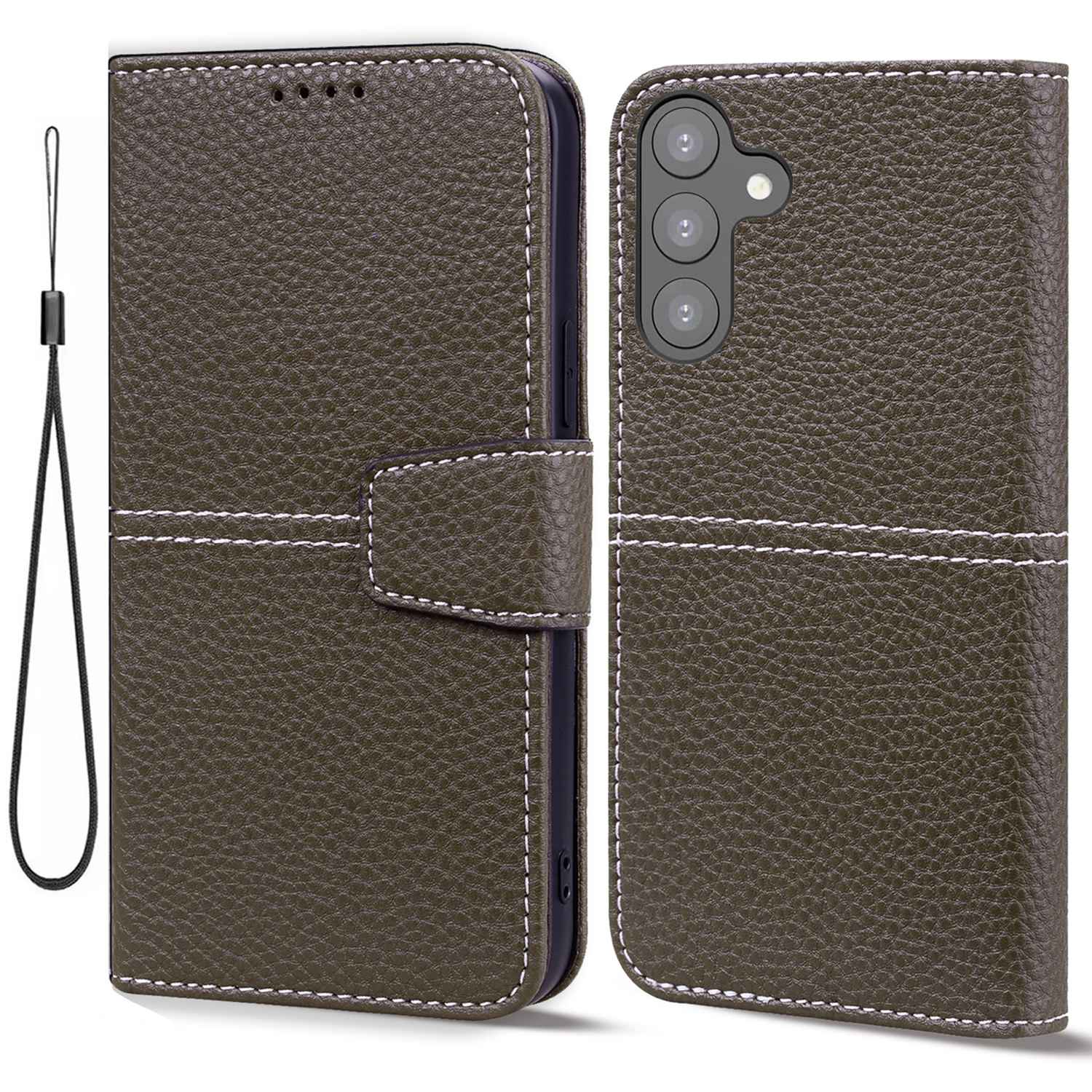 

For Samsung Galaxy S23 Business Style Litchi Texture PU Leather Wallet Cover Shock Absorbing Flip Phone Case Stand with Strap - Khaki, Galaxy S23