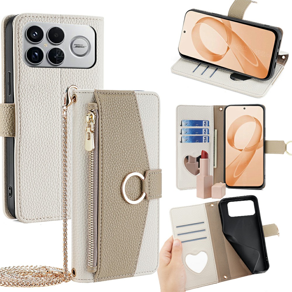 For Xiaomi Poco F8 Ultra / Redmi K90 Pro Max 5G Case Mirror Wallet Leather Phone Cover with Chain Shoulder Strap - White