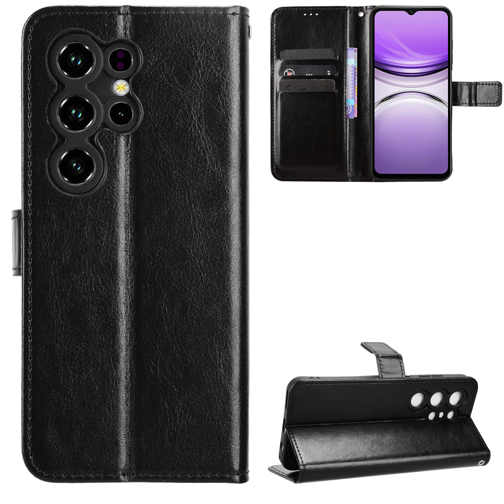 For Oukitel C2 PU Leather Case with Strap Crazy Horse Texture Phone Wallet Cover - Black