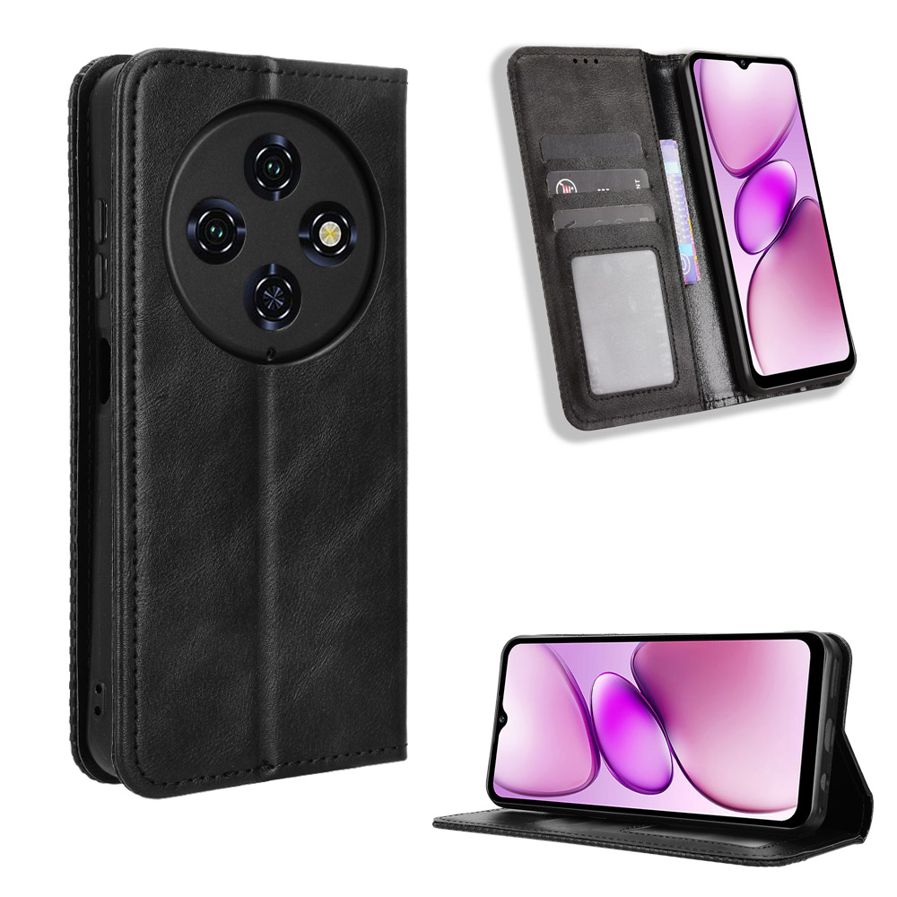 For Oukitel C5 Leather Case Wallet Stand Retro Texture Phone Cover - Black