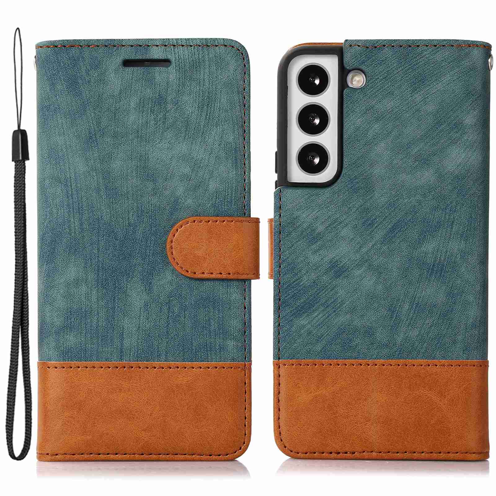 

For Samsung Galaxy S22 5G Bi-Color Splicing PU Leather Flip Wallet Case Folding Stand Skin-Touch Feeling Magnetic Phone Cover with Strap - Green, Galaxy S22 5G