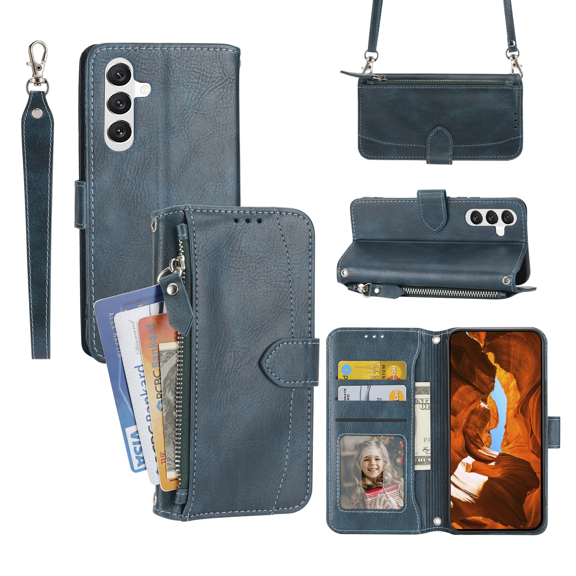 For Samsung Galaxy A57 5G Case Zipper Pocket Leather Phone Cover with Crossbody Shoulder Strap - Blackish Green