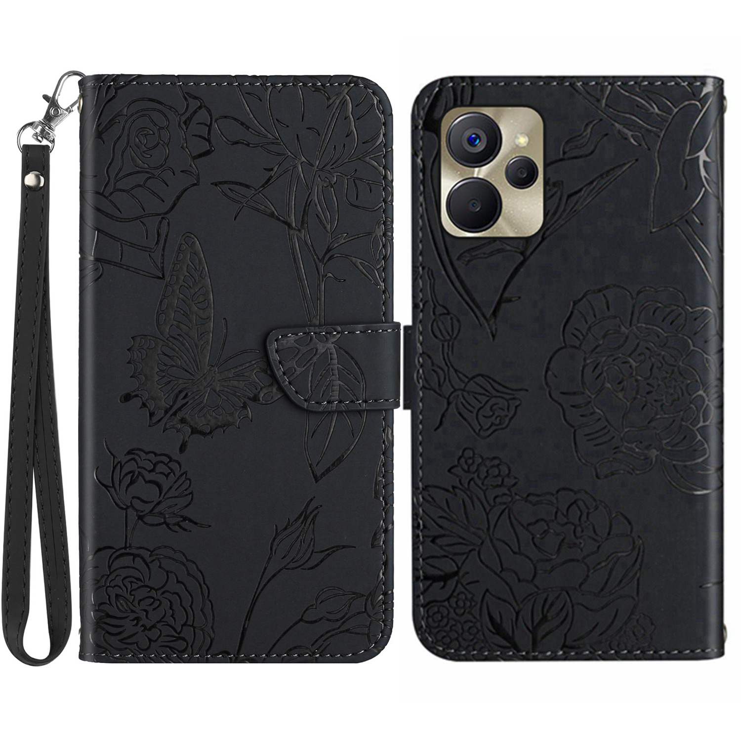 

Für Realme 9i 5G HT03 Ständer Brieftasche Eingeprägte Schmetterlingsblumen Telefon Hülle Hauthaut-touch Stoßdämpfer PU Lederabdeckung Mit Riemen - Schwarz, Realme 9i 5G