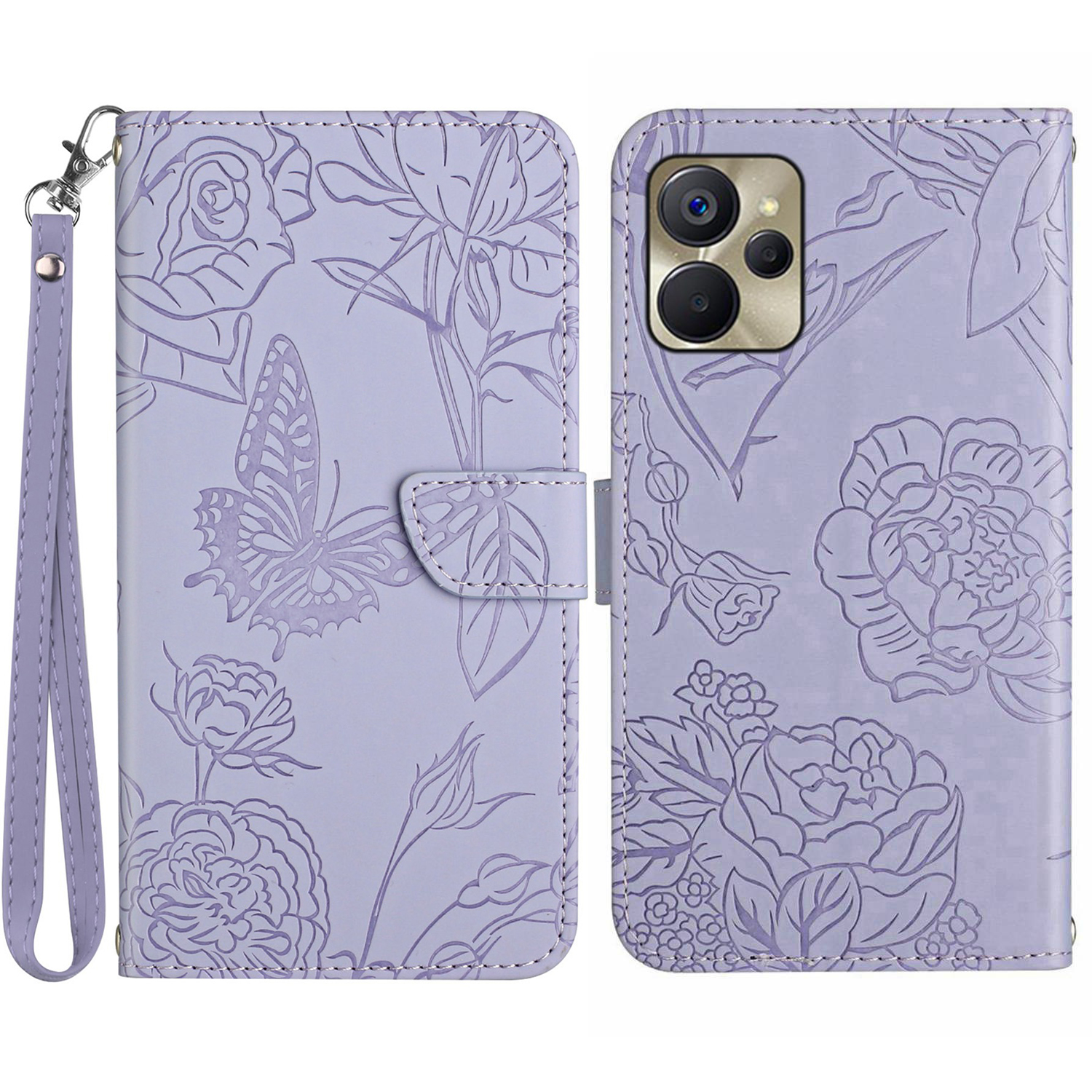 

Für Realme 9i 5G HT03 Ständer Brieftasche Eingeprägte Schmetterlingsblumen Telefon Hülle Hauthaut-touch Stoßdämpfer PU Lederabdeckung Mit Riemen - Helles Lila, Realme 9i 5G