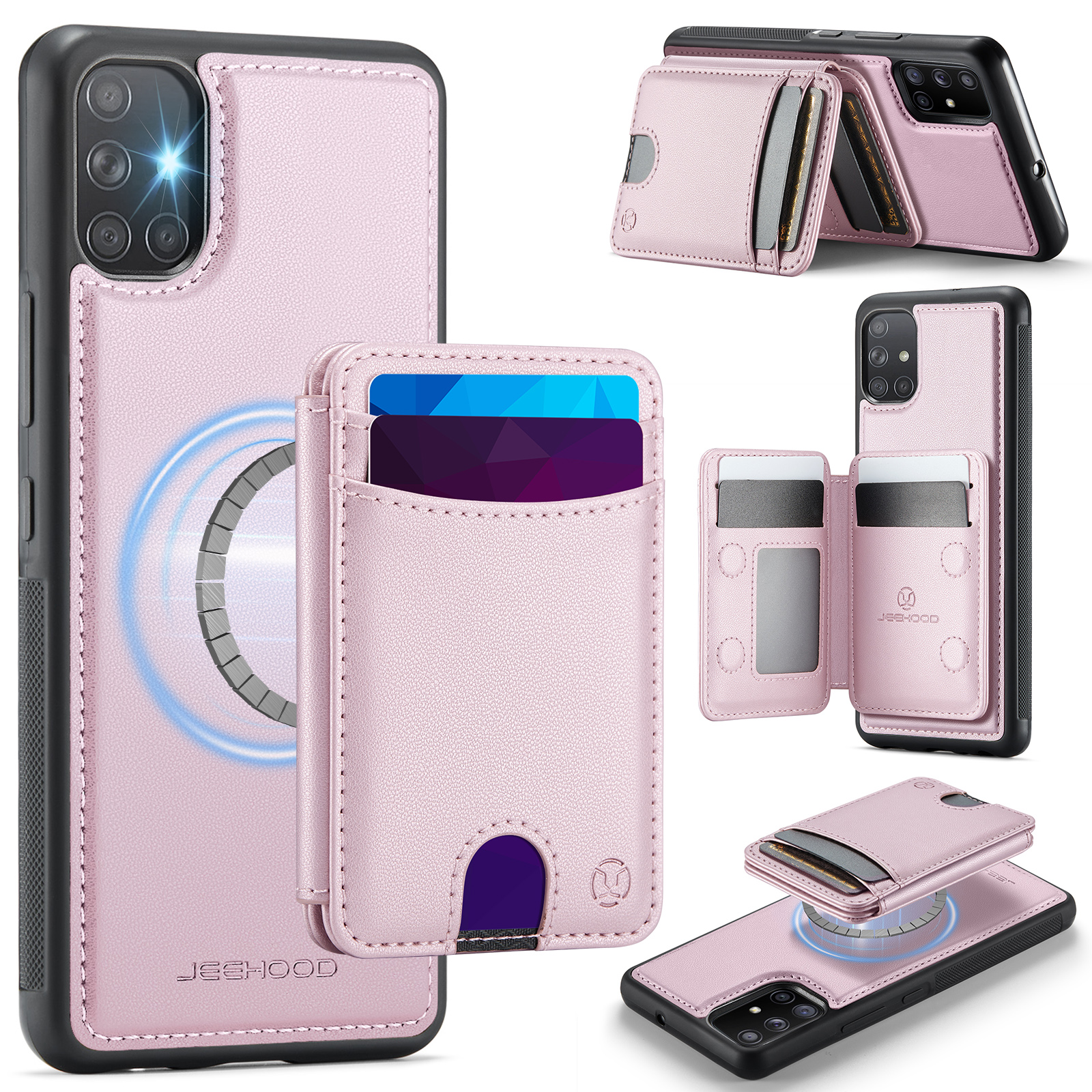 JEEHOOD For Samsung Galaxy A51 4G SM-A515 Magnetic Case  J10 Leather Back Phone Cover with Detachable Card Holder Kickstand - Pink