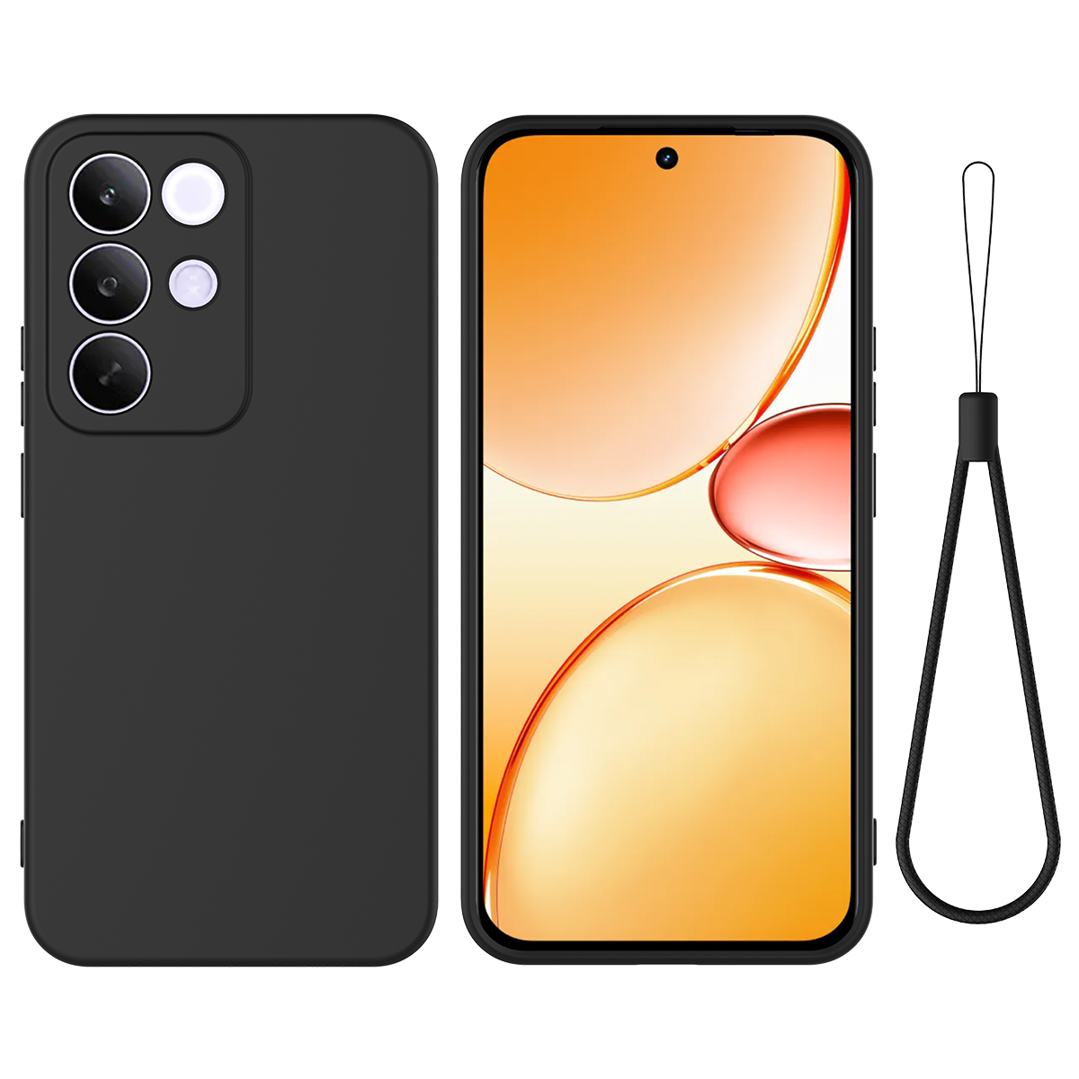For Realme C85 Pro 4G Liquid Silicone Case Phone Back Cover with Hand Strap - Black