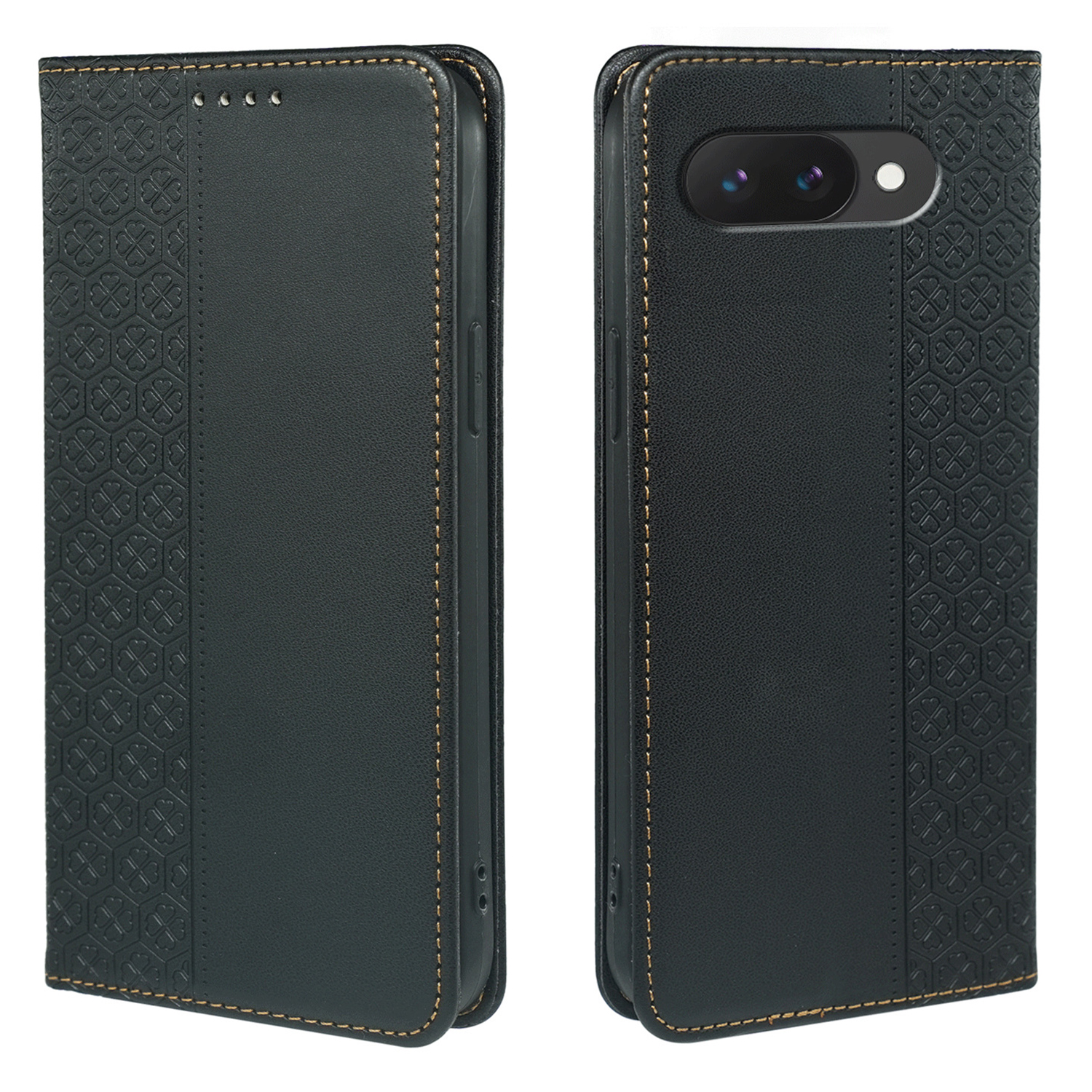 For Google Pixel 10a Case Four Leaf Clover Leather Flip Phone Cover Stand Wallet - Black