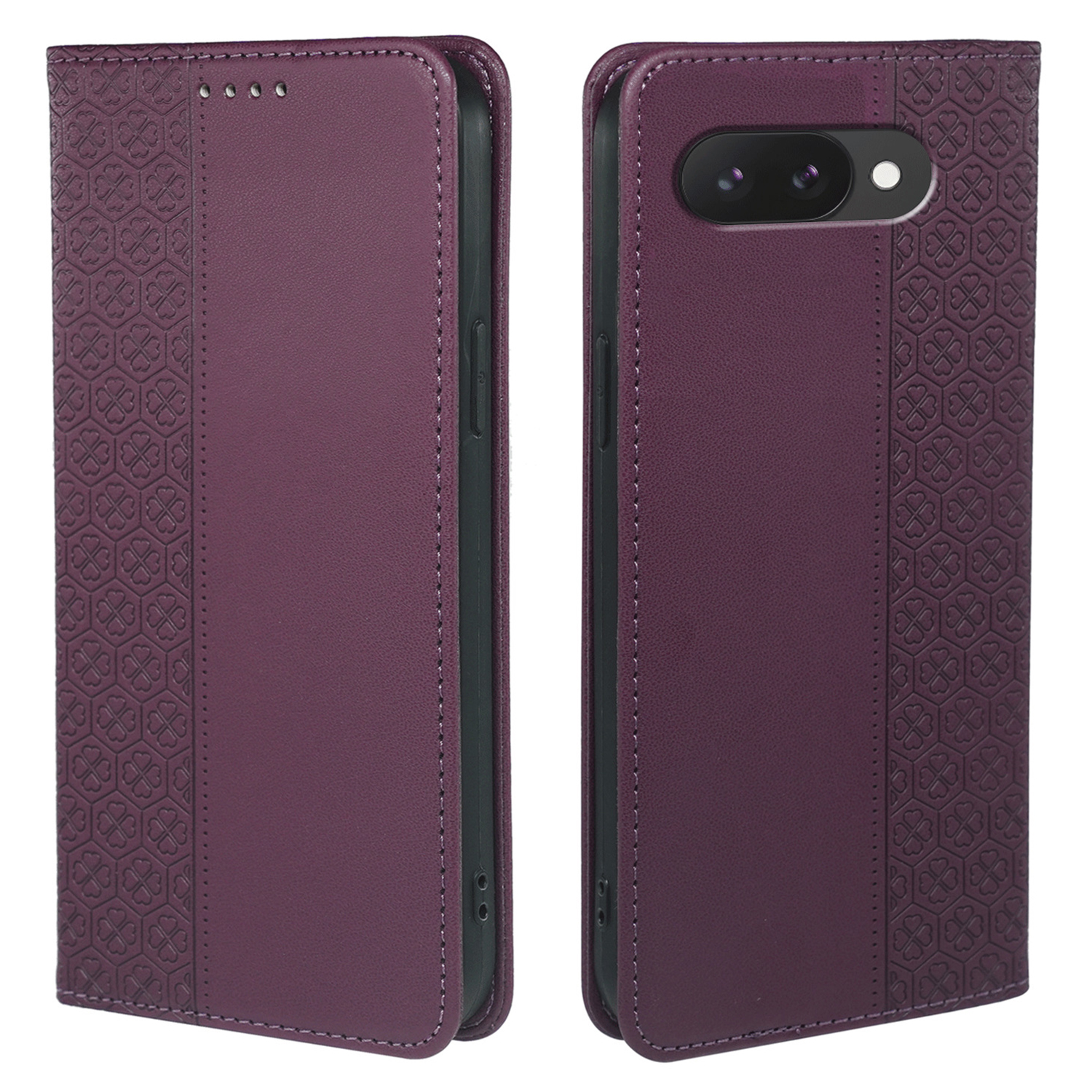 For Google Pixel 10a Case Four Leaf Clover Leather Flip Phone Cover Stand Wallet - Dark Purple