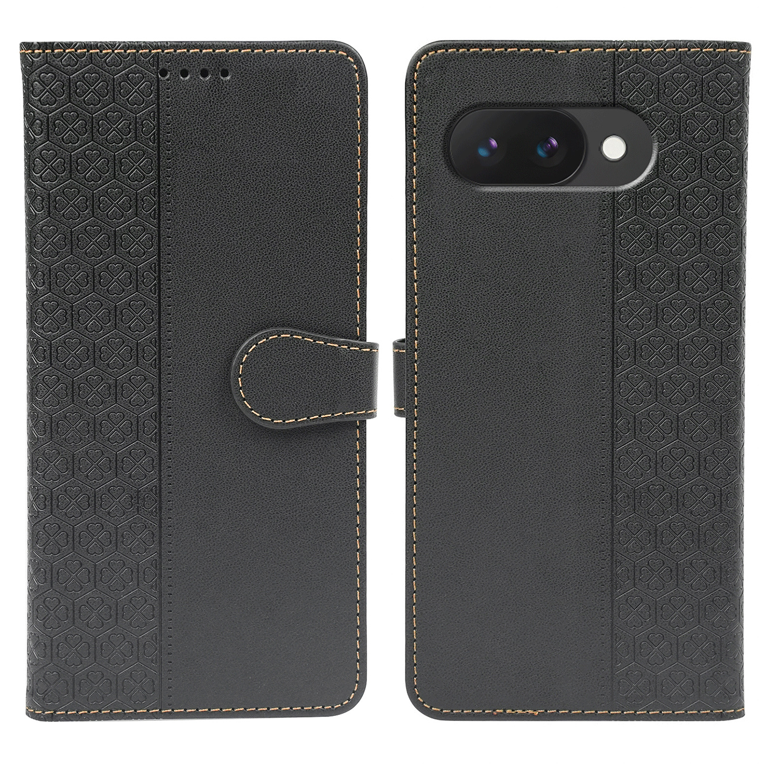 For Google Pixel 10a Case Magnetic Clasp Four Leaf Clover Leather Phone Cover - Black