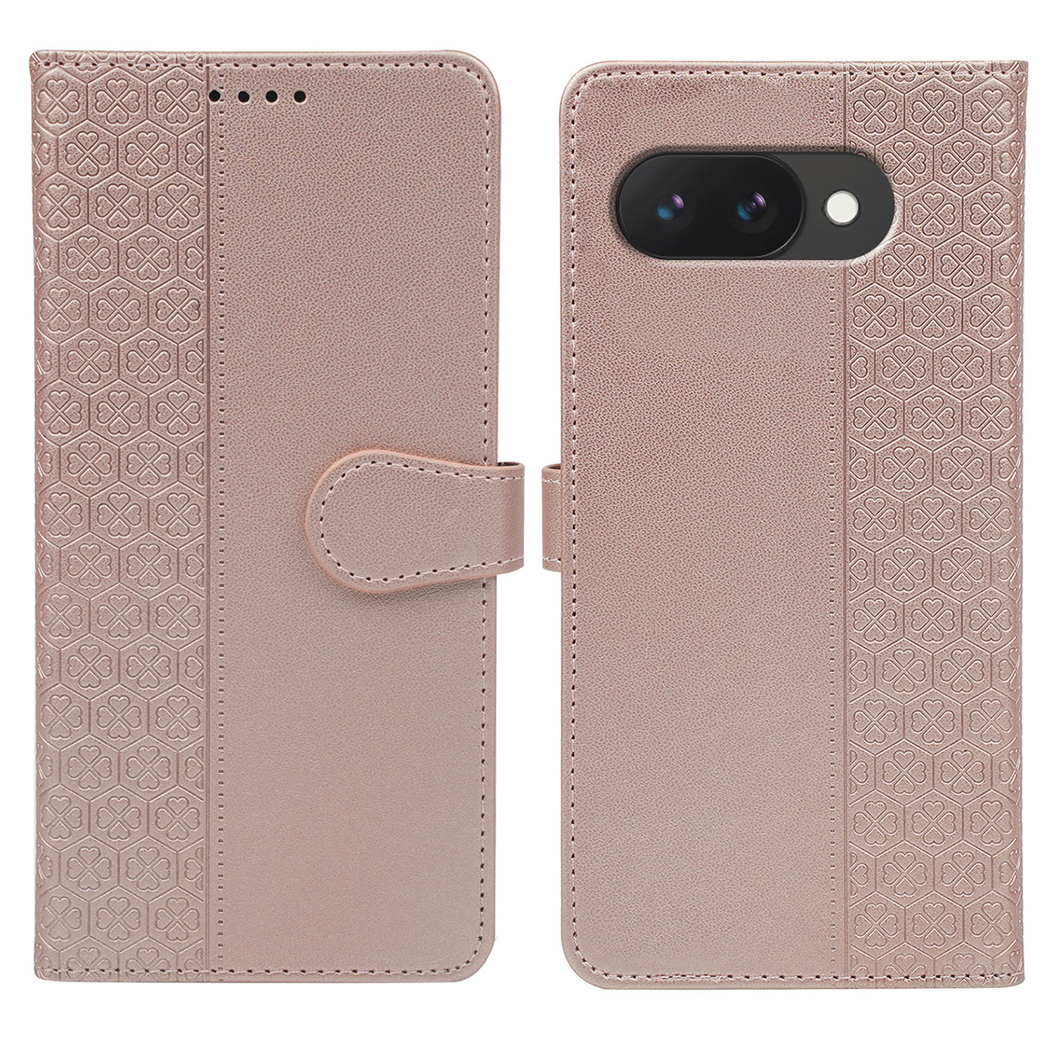 For Google Pixel 10a Case Magnetic Clasp Four Leaf Clover Leather Phone Cover - Rose Gold