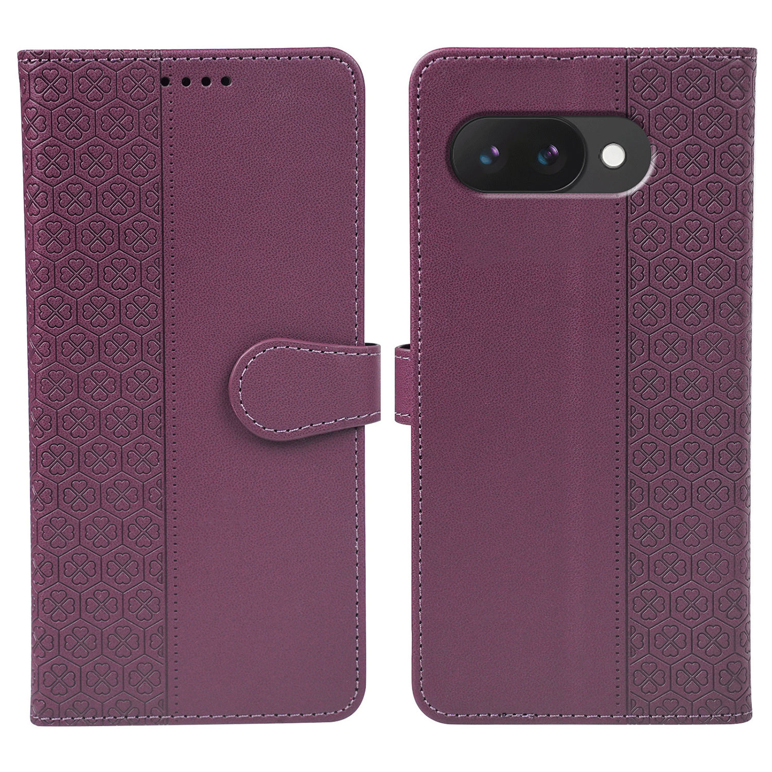 For Google Pixel 10a Case Magnetic Clasp Four Leaf Clover Leather Phone Cover - Dark Purple