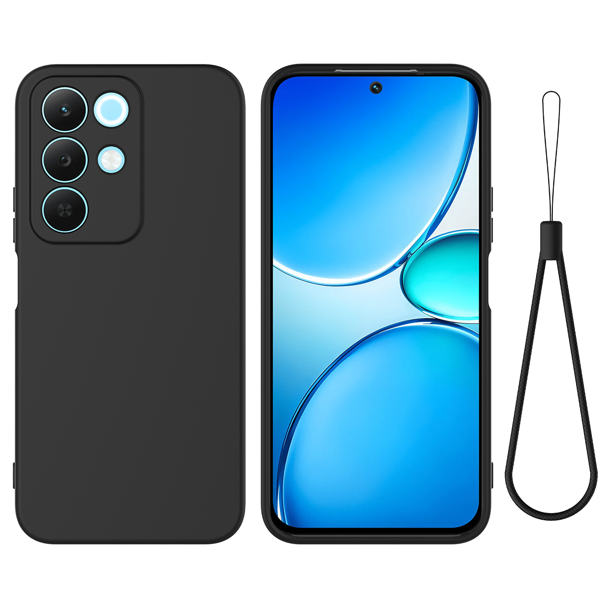 For Realme 15x (India) 5G / C85 5G / C85 4G Liquid Silicone Case Phone Back Cover with Hand Strap - Black