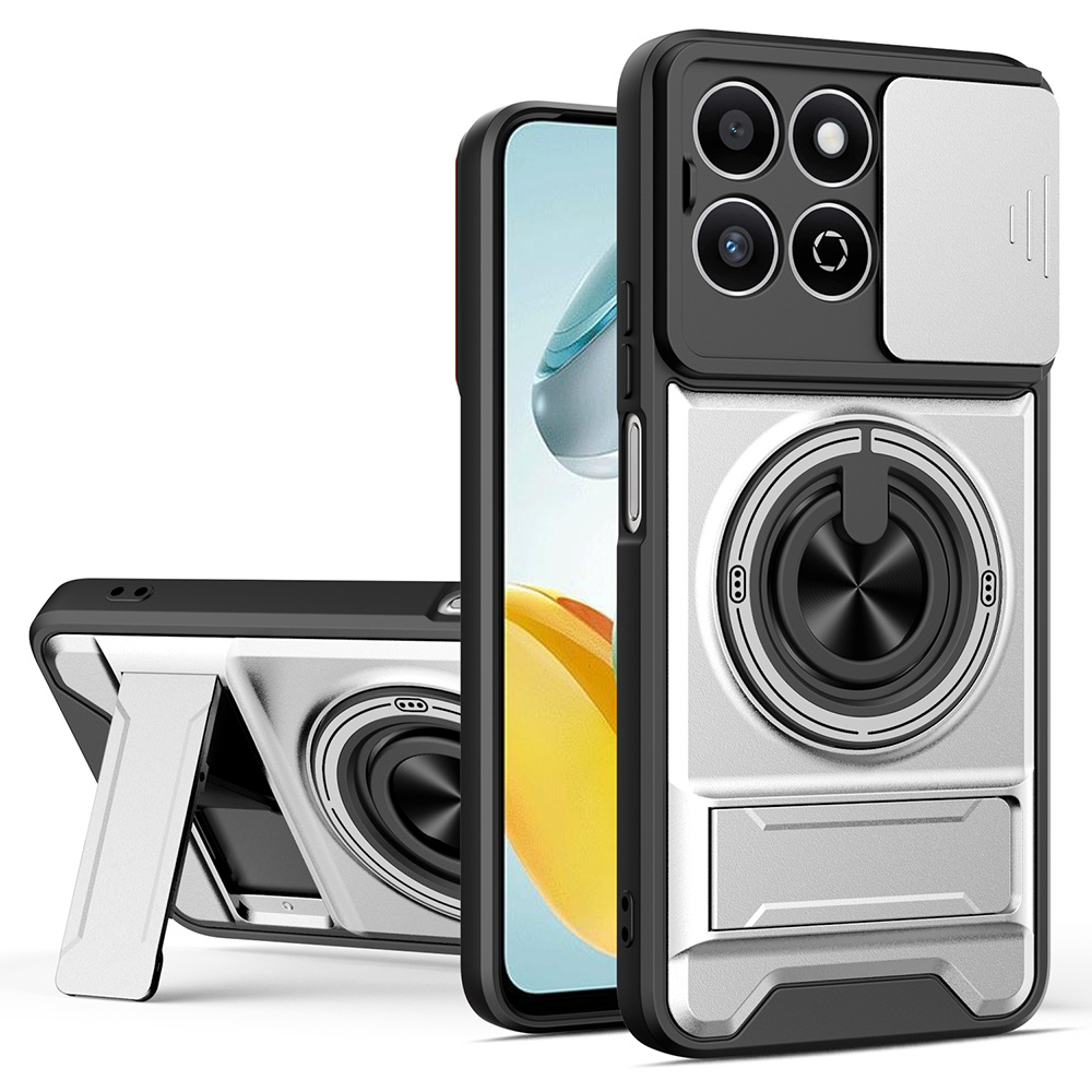 Phone Case For Honor X7c 5G  /  4G  /  200 Smart 5G Compatible with MagSafe Ring Holder Foldable Kickstand TPU PC Cover with Camera Lens Slider - Silv