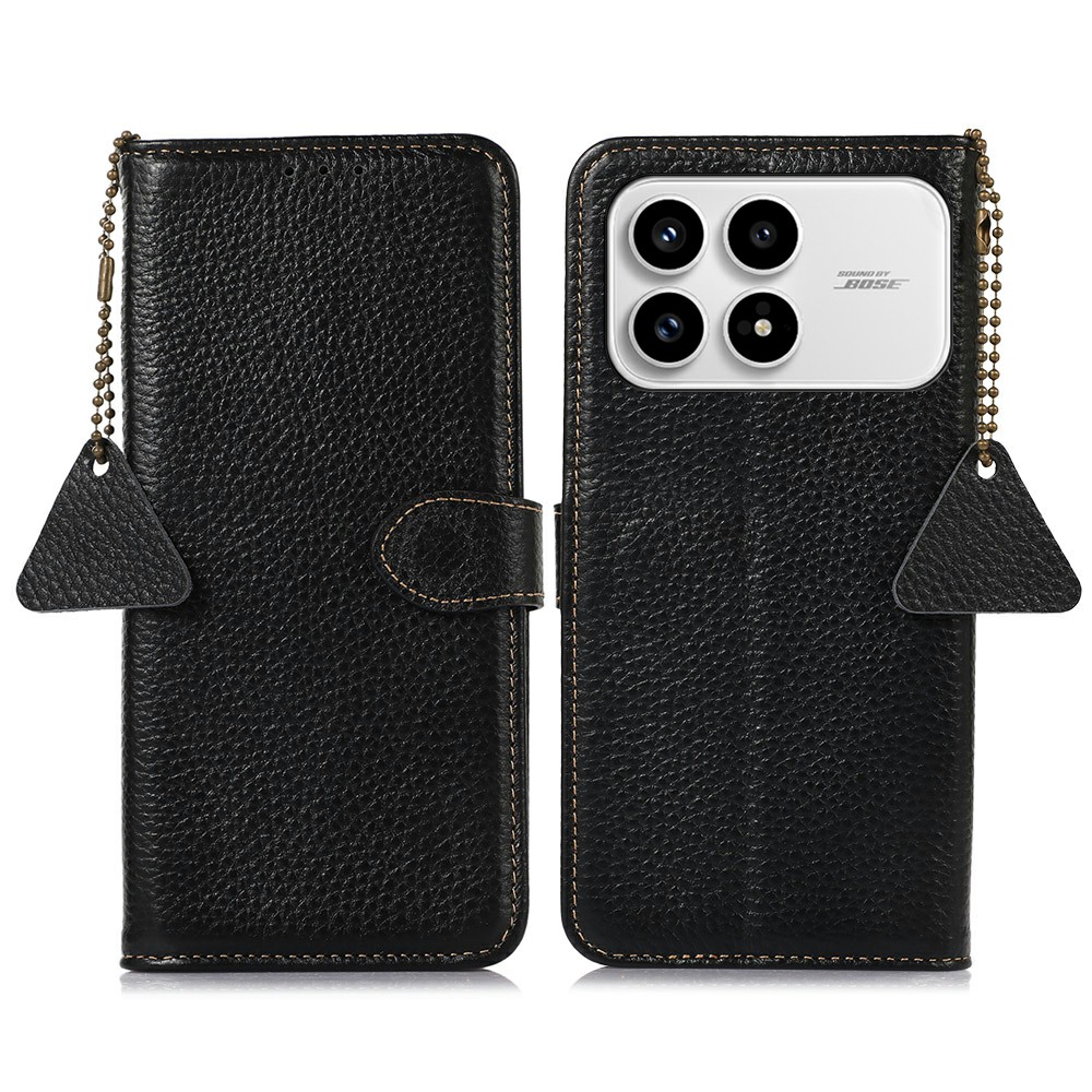 For Xiaomi Poco F8 Pro / Redmi K90 5G Case RFID Blocking Genuine Cow Leather Phone Cover Litchi Texture - Black