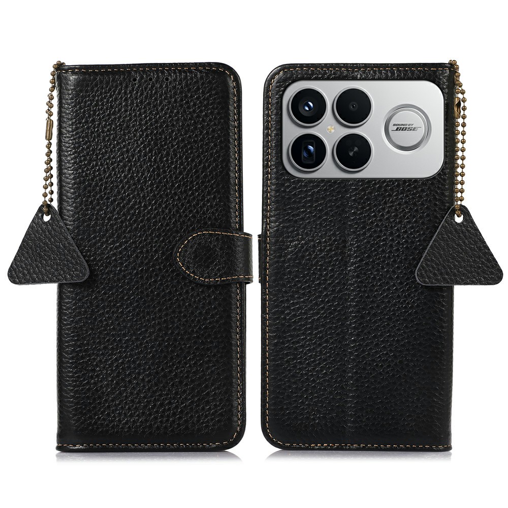 For Xiaomi Poco F8 Ultra / Redmi K90 Pro Max 5G Case RFID Blocking Genuine Cow Leather Phone Cover Litchi Texture - Black