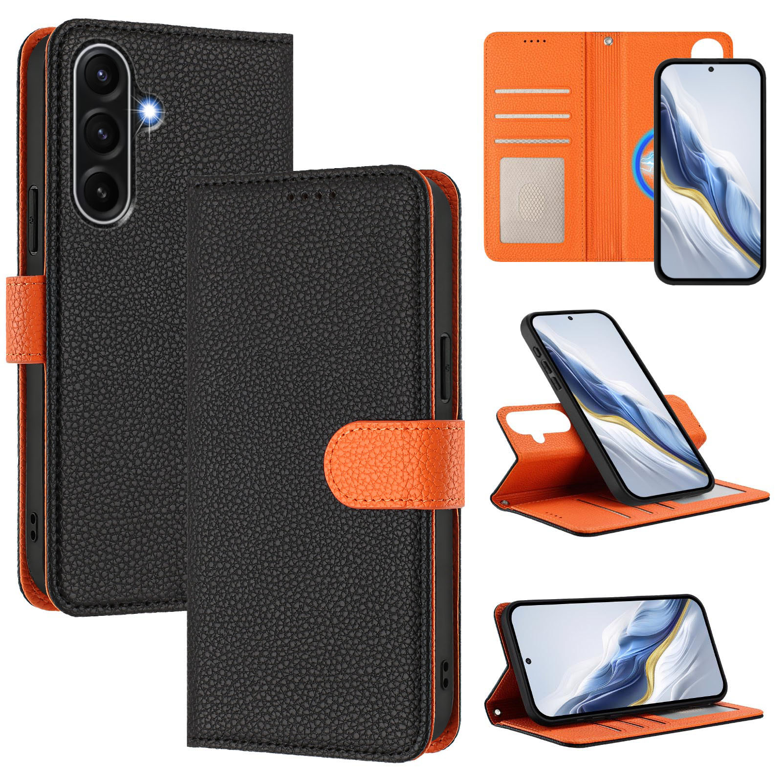 For Samsung Galaxy A17 4G / Galaxy A17 5G Leather Case Detachable Wallet Magnetic Phone Cover with Hand Strap - Black / Orange
