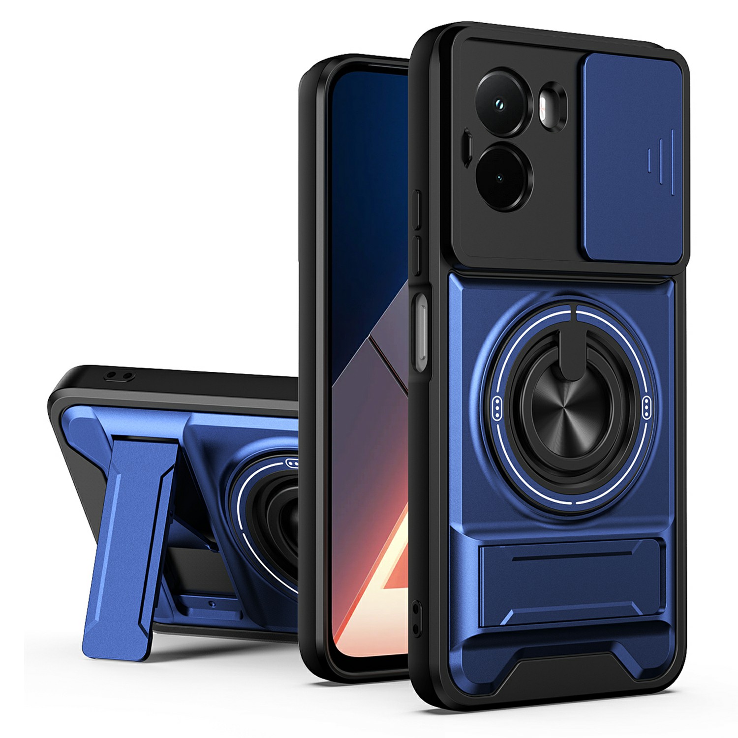 For Xiaomi Poco M7 4G (169mm)  /  Poco M7 Plus 5G Magnetic Case Ring Holder Foldable Kickstand TPU PC Phone Cover with Camera Lens Slider - Blue