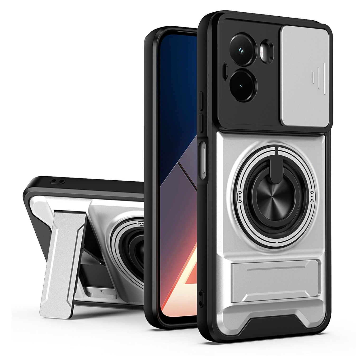 For Xiaomi Poco M7 4G (169mm)  /  Poco M7 Plus 5G Magnetic Case Ring Holder Foldable Kickstand TPU PC Phone Cover with Camera Lens Slider - Silver