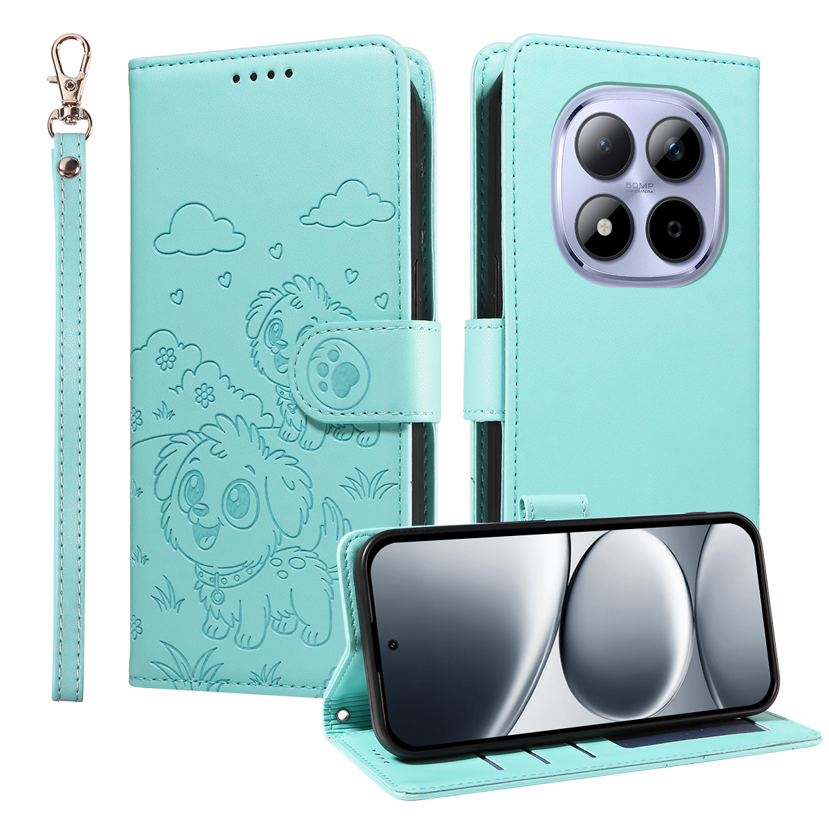 For Xiaomi Redmi Note 15 Pro 4G (Global) Case RFID Blocking Imprinted Dog Pattern PU Leather Phone Cover with Wrist Strap - Green