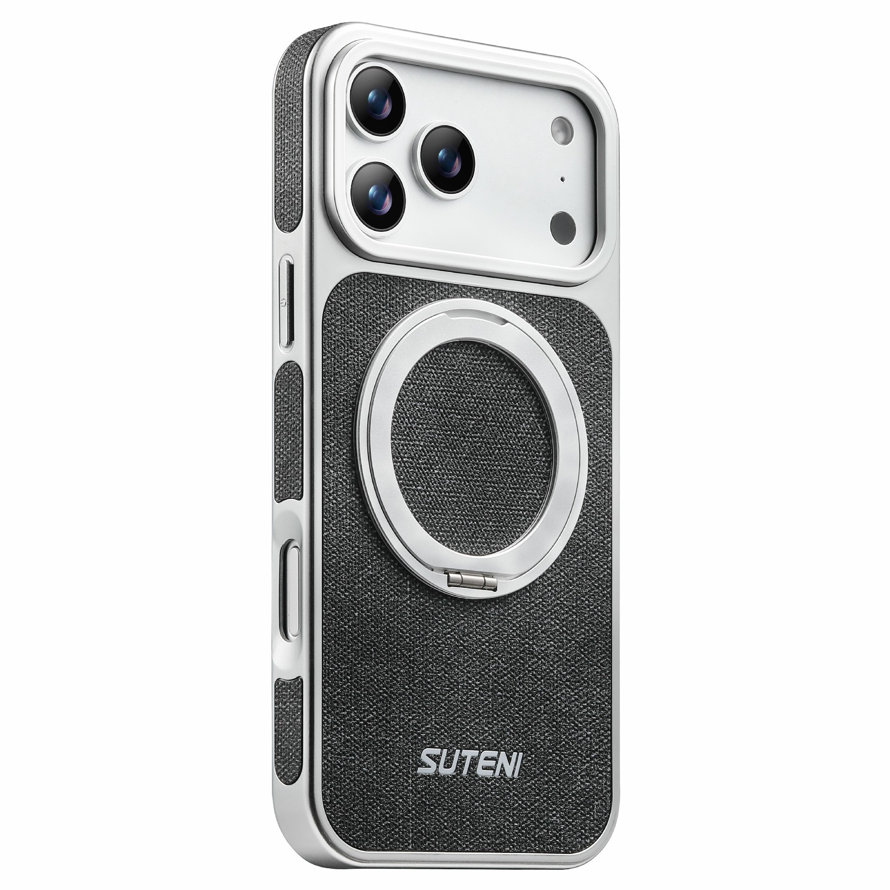 SUTENI G6 for iPhone 17 Pro Magnetic Case Rotating Kickstand Electroplating Jean Cloth Texture Leather Back Cover - Black
