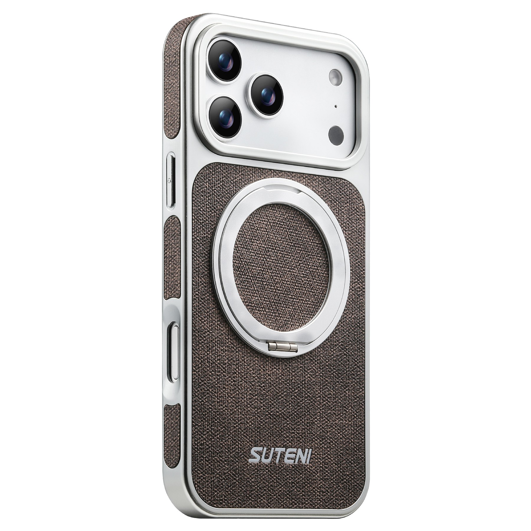 SUTENI G6 for iPhone 17 Pro Magnetic Case Rotating Kickstand Electroplating Jean Cloth Texture Leather Back Cover - Brown