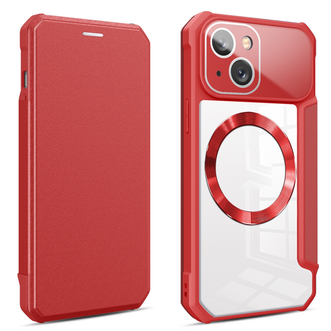 

For iPhone 14 Plus CD Texture Phone Stand Cover Compatible with MagSafe Card Holder PU Leather+TPU+PC Case - Red, iPhone 14 Plus