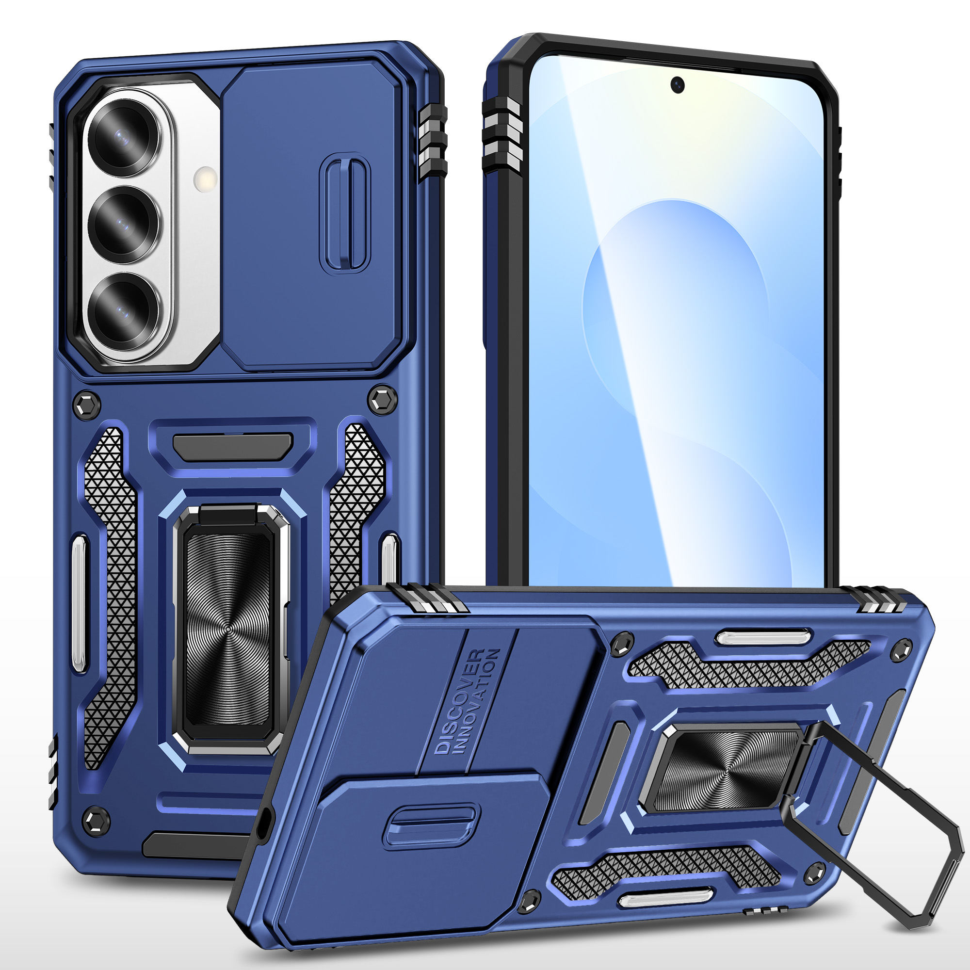 For Samsung Galaxy S26 Case Kickstand Slide Lens Lid PC + TPU Drop-Proof Phone Cover - Navy Blue