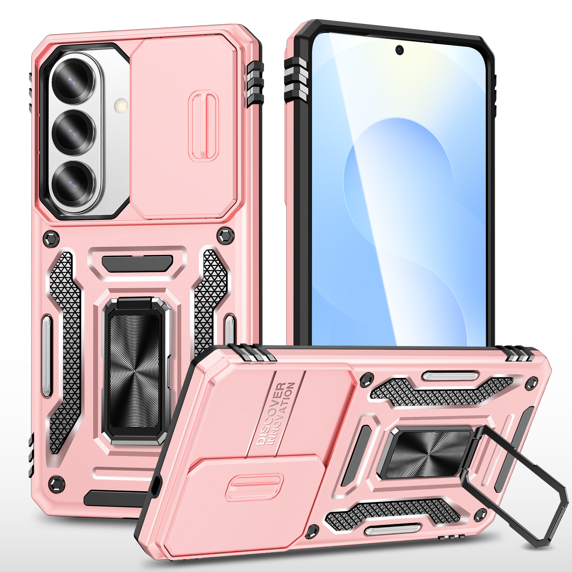 For Samsung Galaxy S26+ Case Kickstand Slide Lens Lid PC + TPU Drop-Proof Phone Cover - Rose Gold