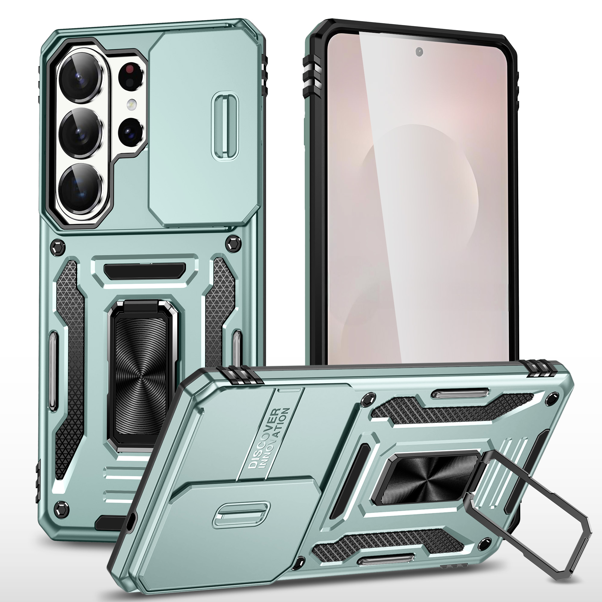 For Samsung Galaxy S26 Ultra Case Kickstand Slide Lens Lid PC + TPU Drop-Proof Phone Cover - Green