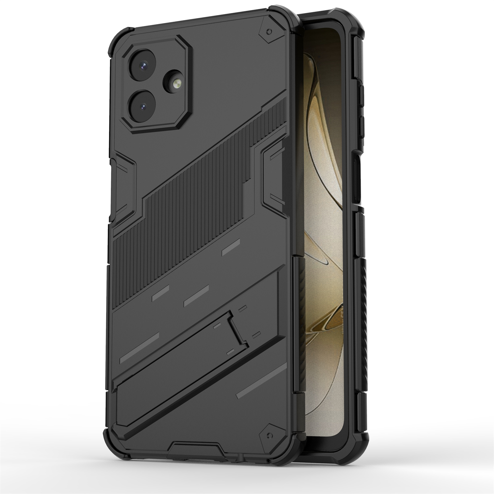 For Samsung Galaxy A07 5G / A07 4G Case PC + TPU Shockproof Phone Cover with Kickstand - Black