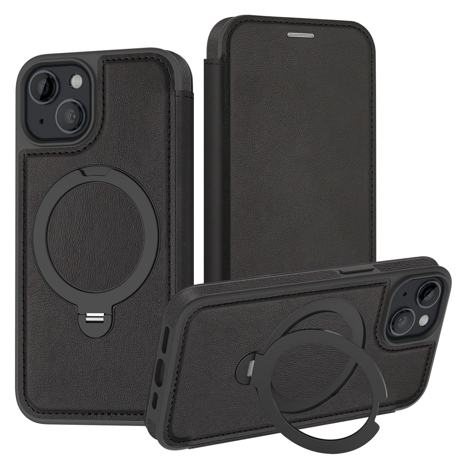 For iPhone 14 / 13 Case Compatible with MagSafe RFID Blocking Leather Wallet Cover with Rotating Ring Kickstand - Black