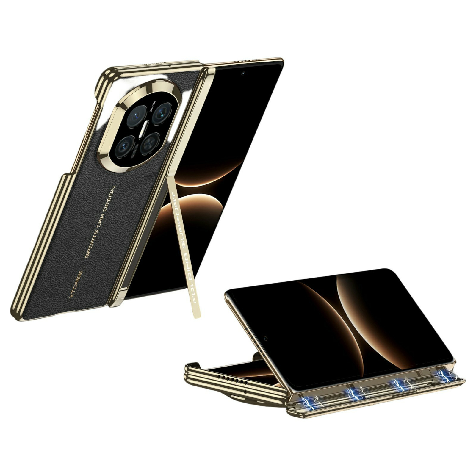 GKK For Huawei Mate X7 Magnetic Case Dual Central Axis Hinge Protection Litchi Texture PU TPU PC Kickstand Phone Cover - Black