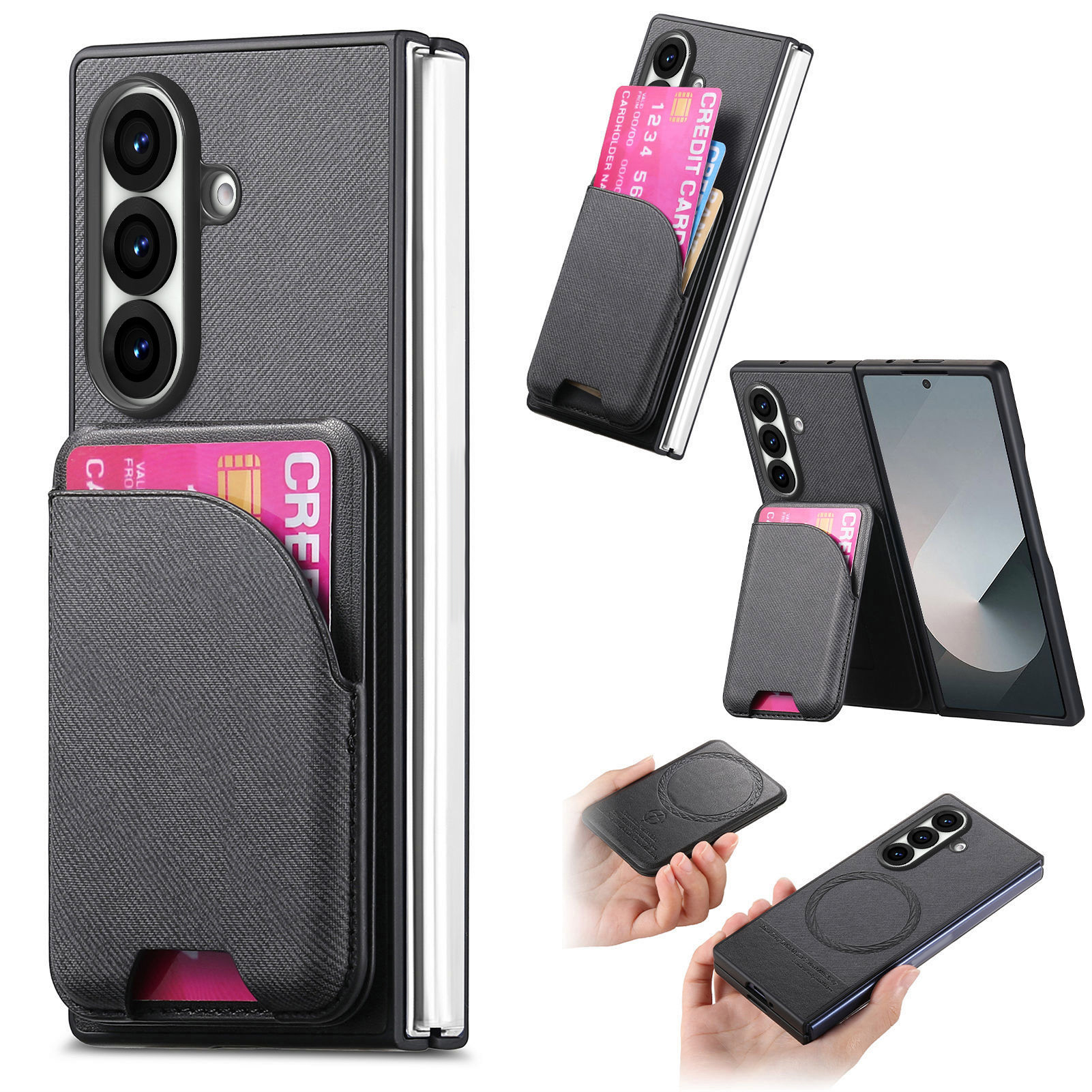 For Samsung Galaxy Z Fold7 5G Magnetic Case Kickstand Denim Texture Leather Back Cover with Detachable Card Bag - Black