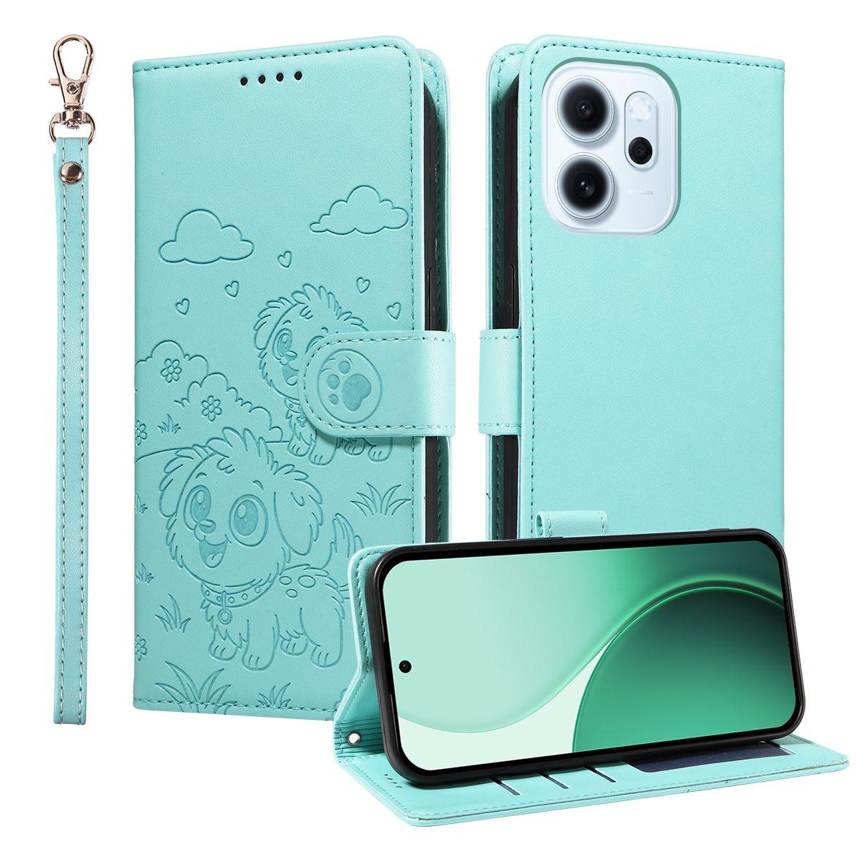 For Oppo Reno15 F 5G Case RFID Blocking Imprinted Dog Pattern PU Leather Phone Cover with Wrist Strap - Green