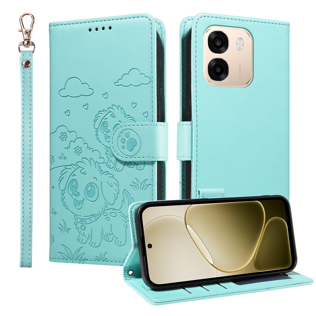 For OPPO A6s 5G Case RFID Blocking Imprinted Dog Pattern PU Leather Phone Cover with Wrist Strap - Green