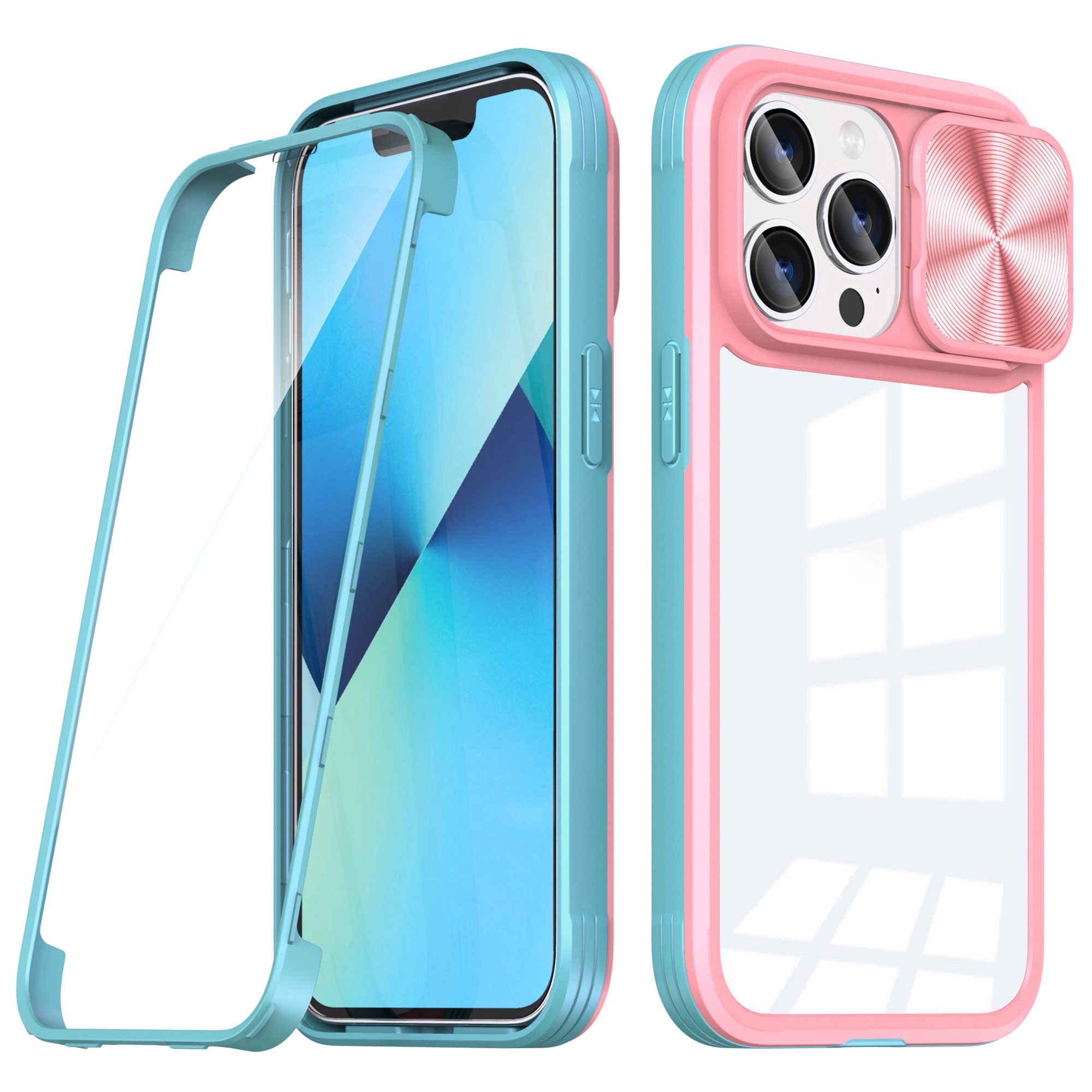 

For iPhone 13 Pro Max 6.7 inch 360-degree Full Body Shockproof Case Transparent Acrylic Soft TPU Slide Camera Protection Phone Cover with Screen Protector - Pink / Cyan, iPhone 13 Pro Max