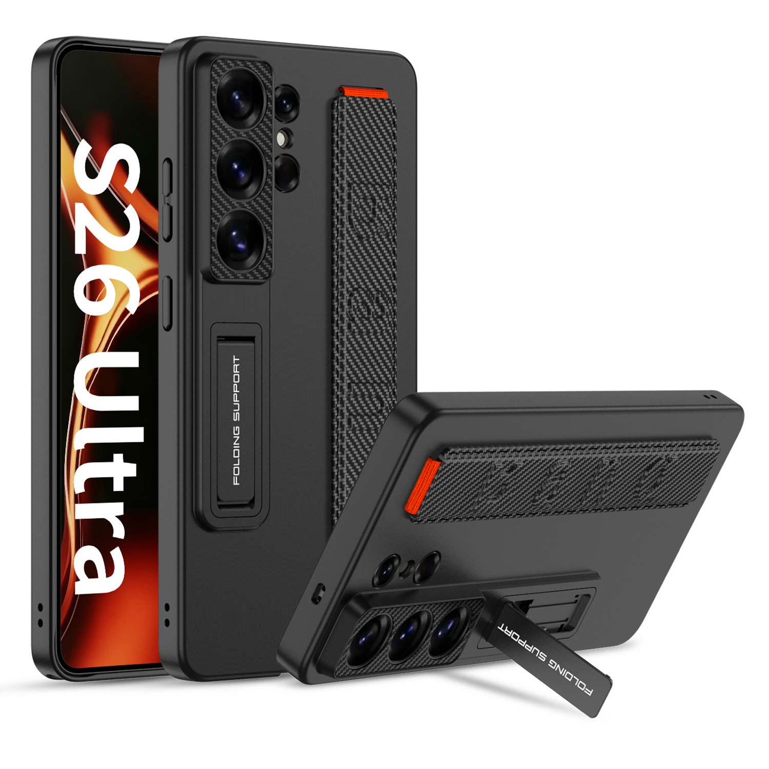 GKK For Samsung Galaxy S26 Ultra Case with Wristband Kickstand PU+Hard PC Protective Phone Cover - Carbon Fiber Texture