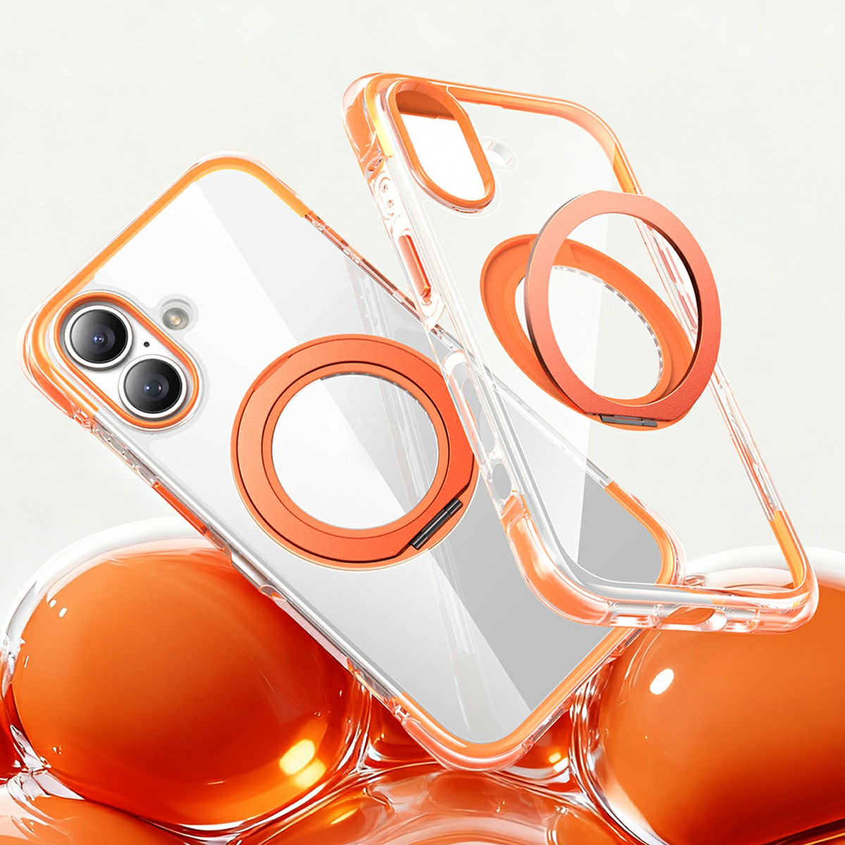 For iPhone 17 Case Compatible with MagSafe Rotating Kickstand Clear Acrylic TPU Shockproof Phone Cover - Orange