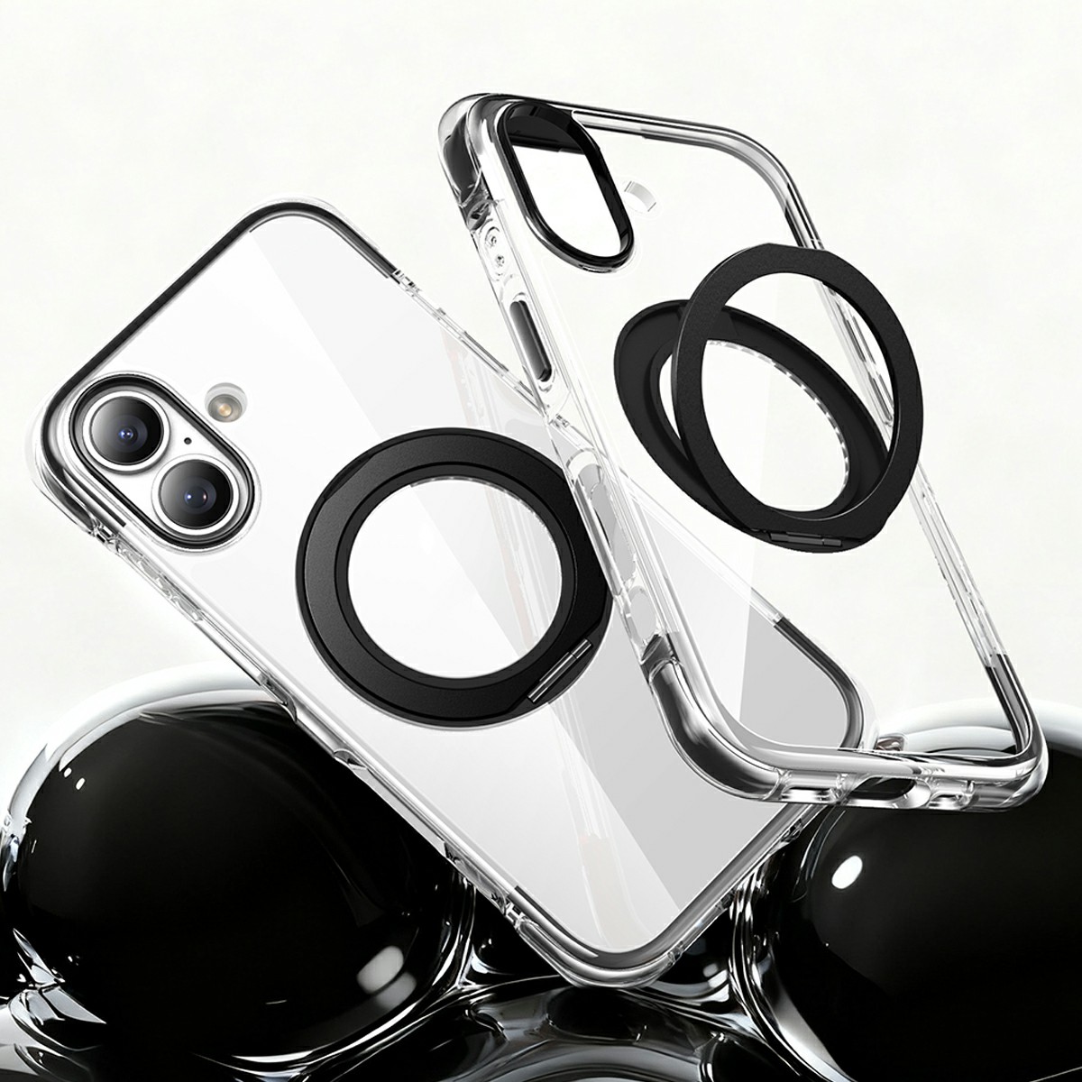 For iPhone 17 Case Compatible with MagSafe Rotating Kickstand Clear Acrylic TPU Shockproof Phone Cover - Black