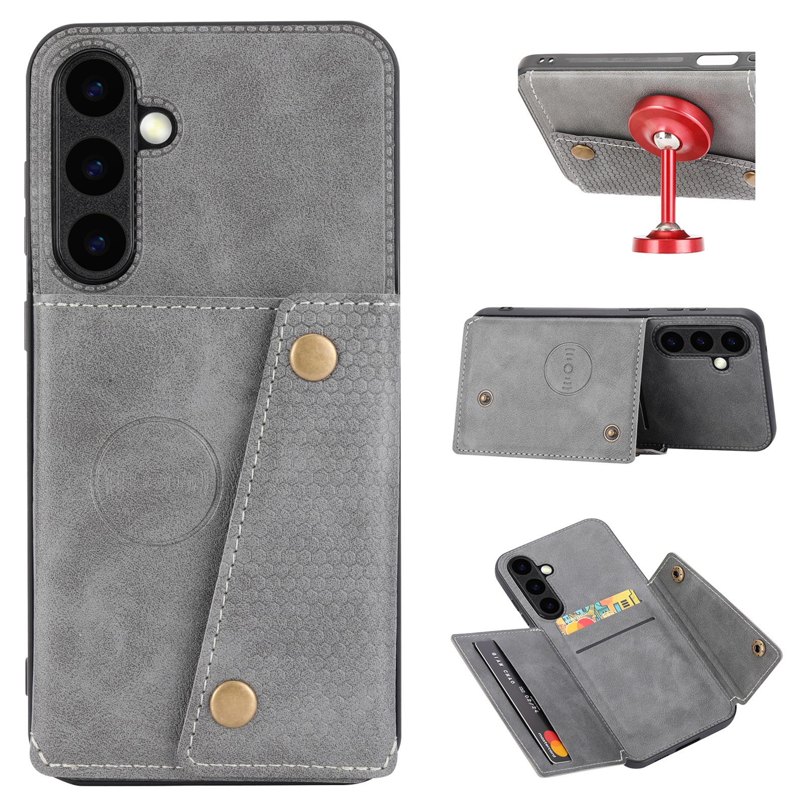 For Samsung Galaxy S26 Case with Card Slots Kickstand Leather + TPU Phone Cover - Grey